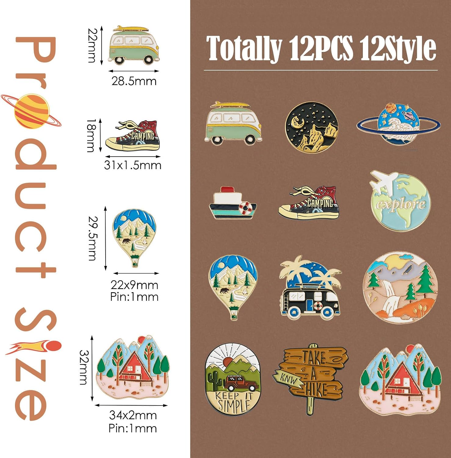 Pandahall 15Pcs Outdoor Enamel Pins Camping Lapel Brooch Pins 15 Styles Explore Boat Bus Brooch Mountain Moon Enamel Badge Cute Cartoon Brooch Pin Badges for Backpack Clothes Shoe Hat Decoration