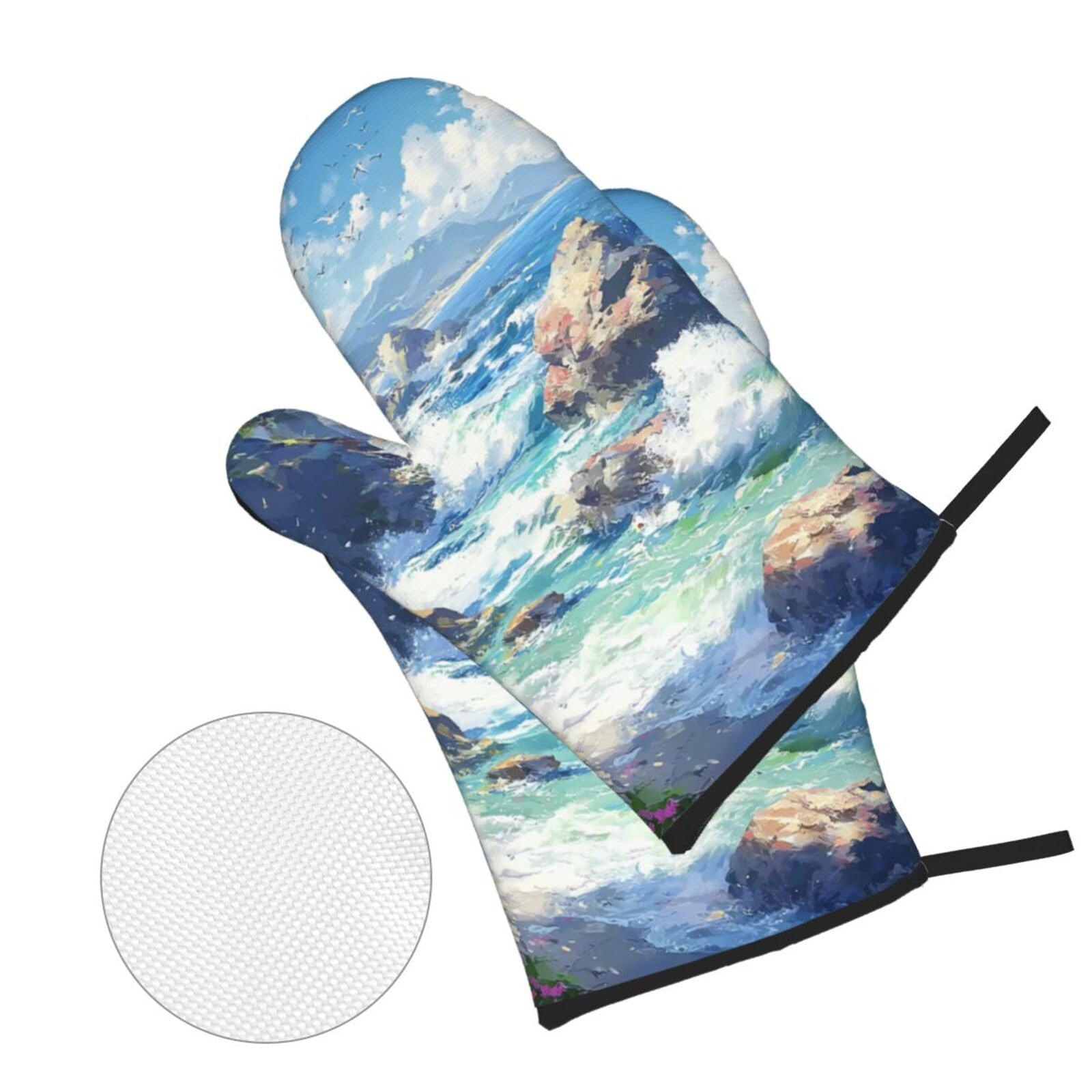 Guantes Horno Olas Blancas Y Azules Guantes Horno un par y 2 Manteles Aislados, para Cocinar Barbacoa, Parrilla Impermeable, Resistente al Aceite y al Calor