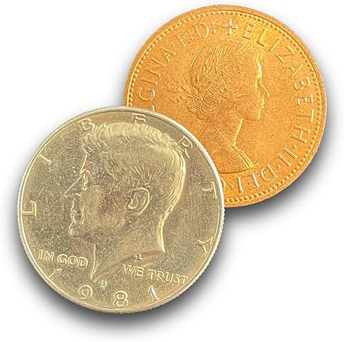 Ted's Sterling Magic Saltando mitades Sol y Luna, no expandido Kennedy Half Dollar y English Penny Coin Trick