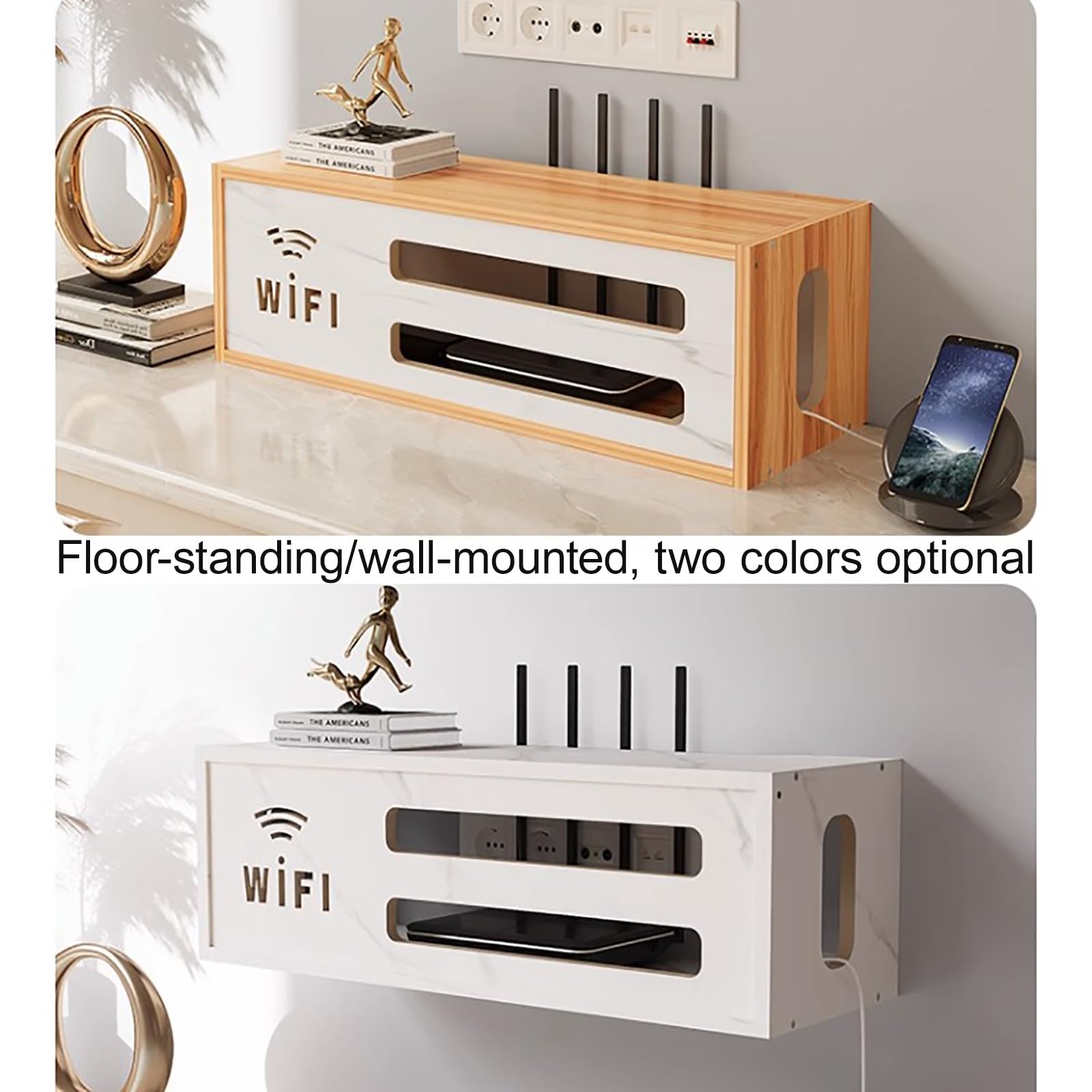 Boîtier de Rangement Mural en Bois pour routeur WiFi, Meuble de Rangement multimédia Grande capacité pour Chambre, Salon, Bureau et Maison