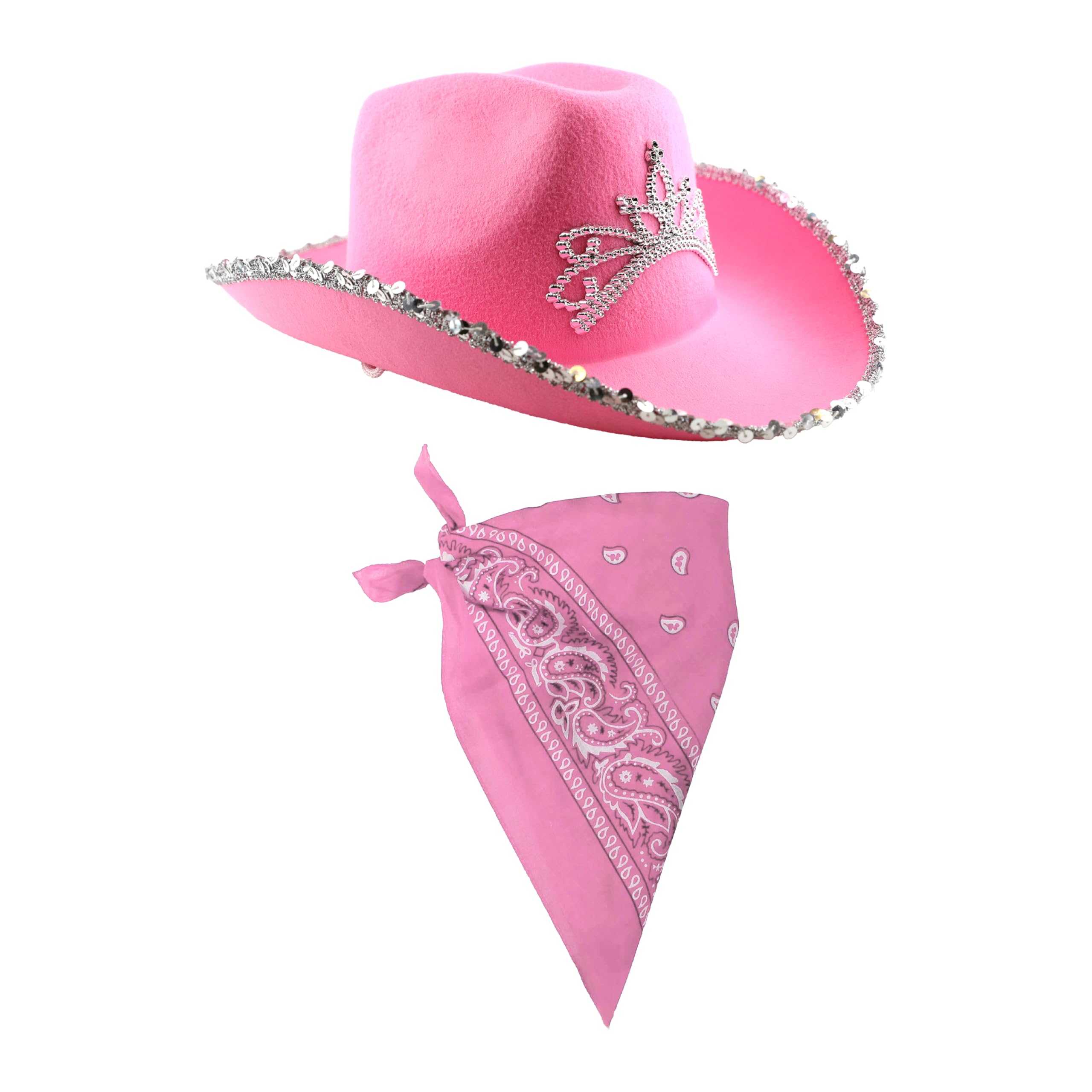 Adults Pink Cowboy Accessory Set - Pack of 1 - Pink Cowboy Hat with Attached Tiara + Matching Paisley Bandana - Ladies Hen Night Cowgirl Western Fancy Dress Costume Accessory Set