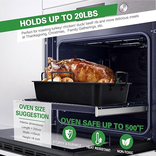 Miniatura 5 de Joyfair Sartén antiadherente de 15.3 pulgadas con juego de estante, sartén grande resistente para carne de pavo y pollo, incluye estante