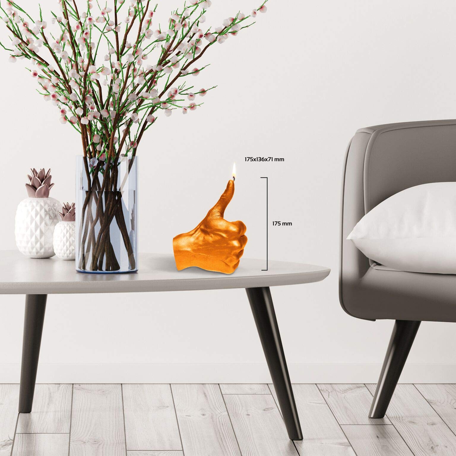 Bougie Main Pouce Levé 17.5cm - Or Classique Fait Main UE | Brûlage 30h, Décoration Originale