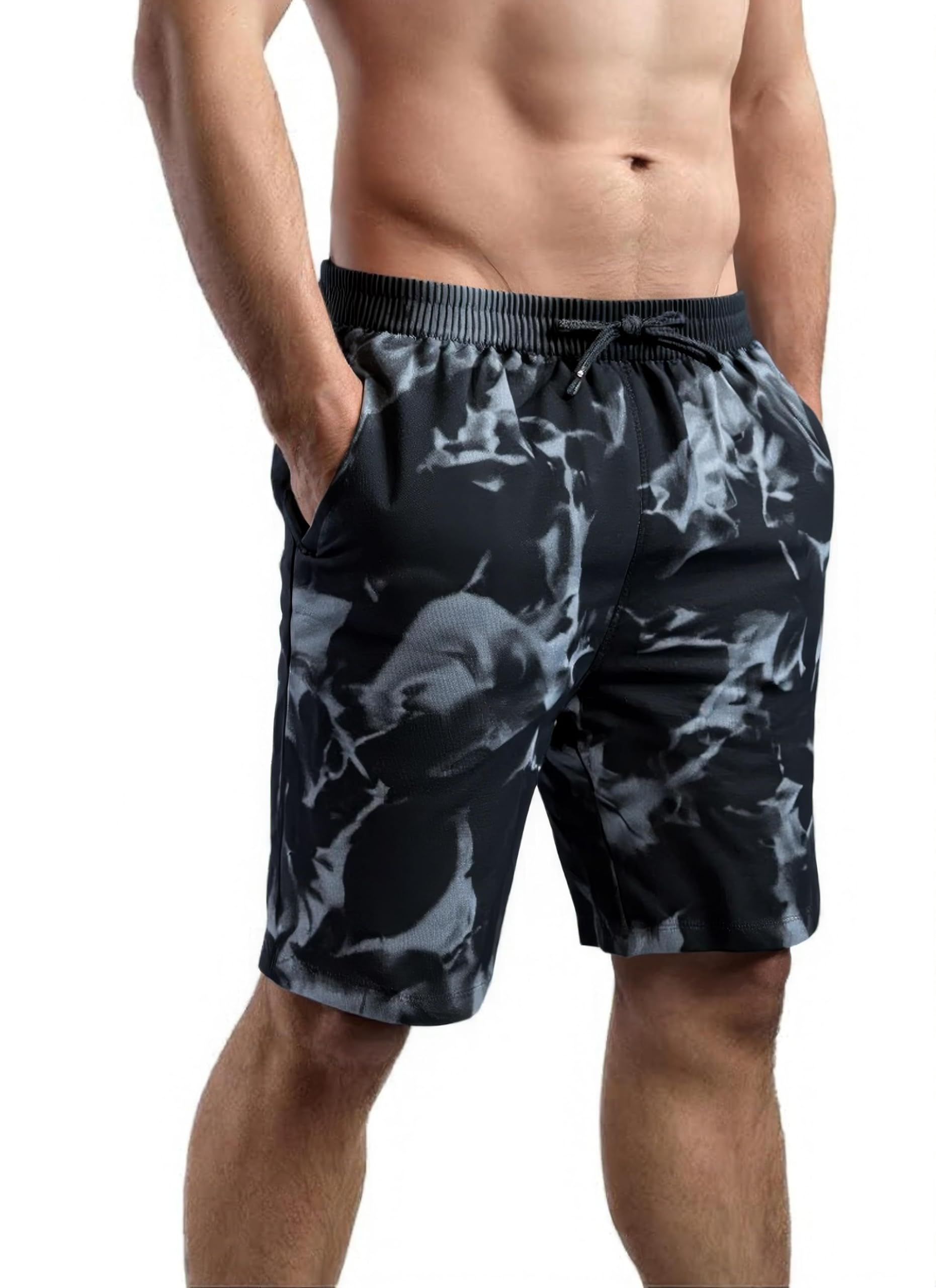 boffi ... Men's Athletic Shorts, Marble Print Design, Elastic Waistband, Grey and White-picture-13