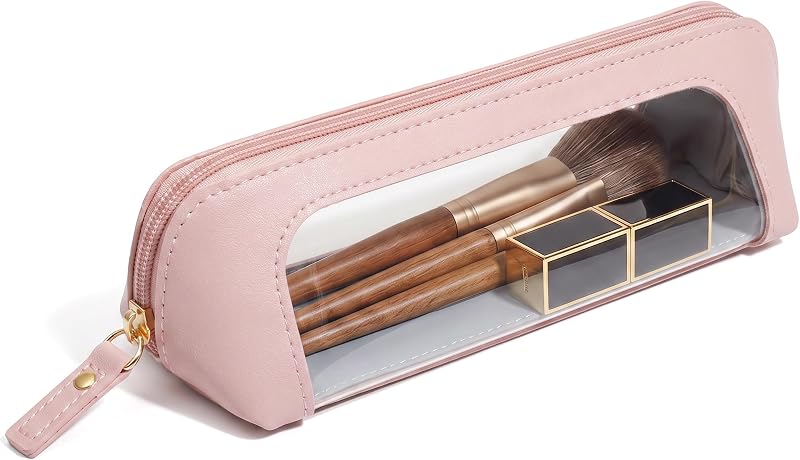 Necessaire para pincéis de maquiagem LETGO com janela transparente, couro sintético PU, Light Pink, Slim