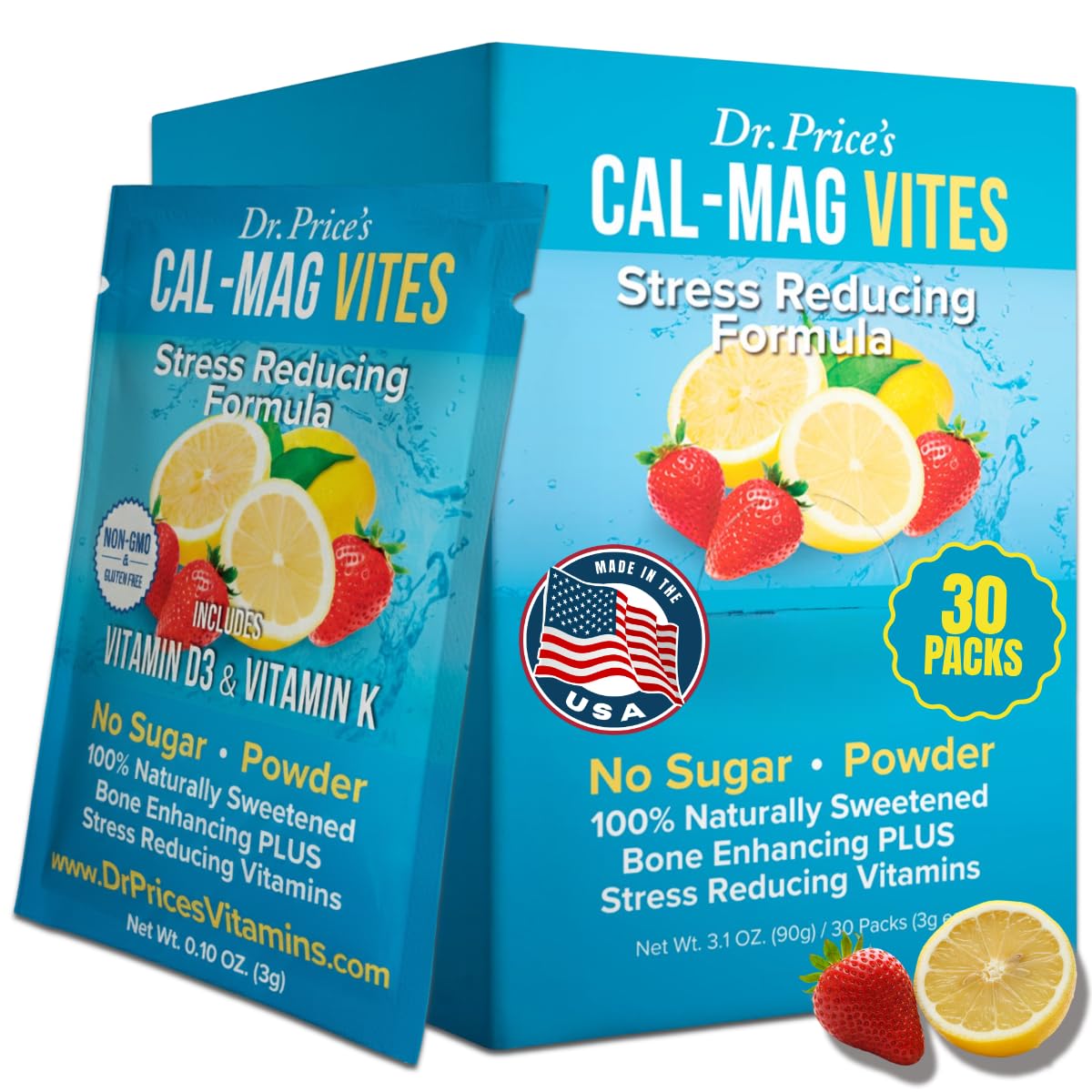 Cal-Mag Vites Calcium Magnesium Powder for Men and Women | K, D, Mineral Supplement | Natural Calming Stress Relief Drink | Strawberry-Lemon 30 Packets | , No Sugar Non-GMO