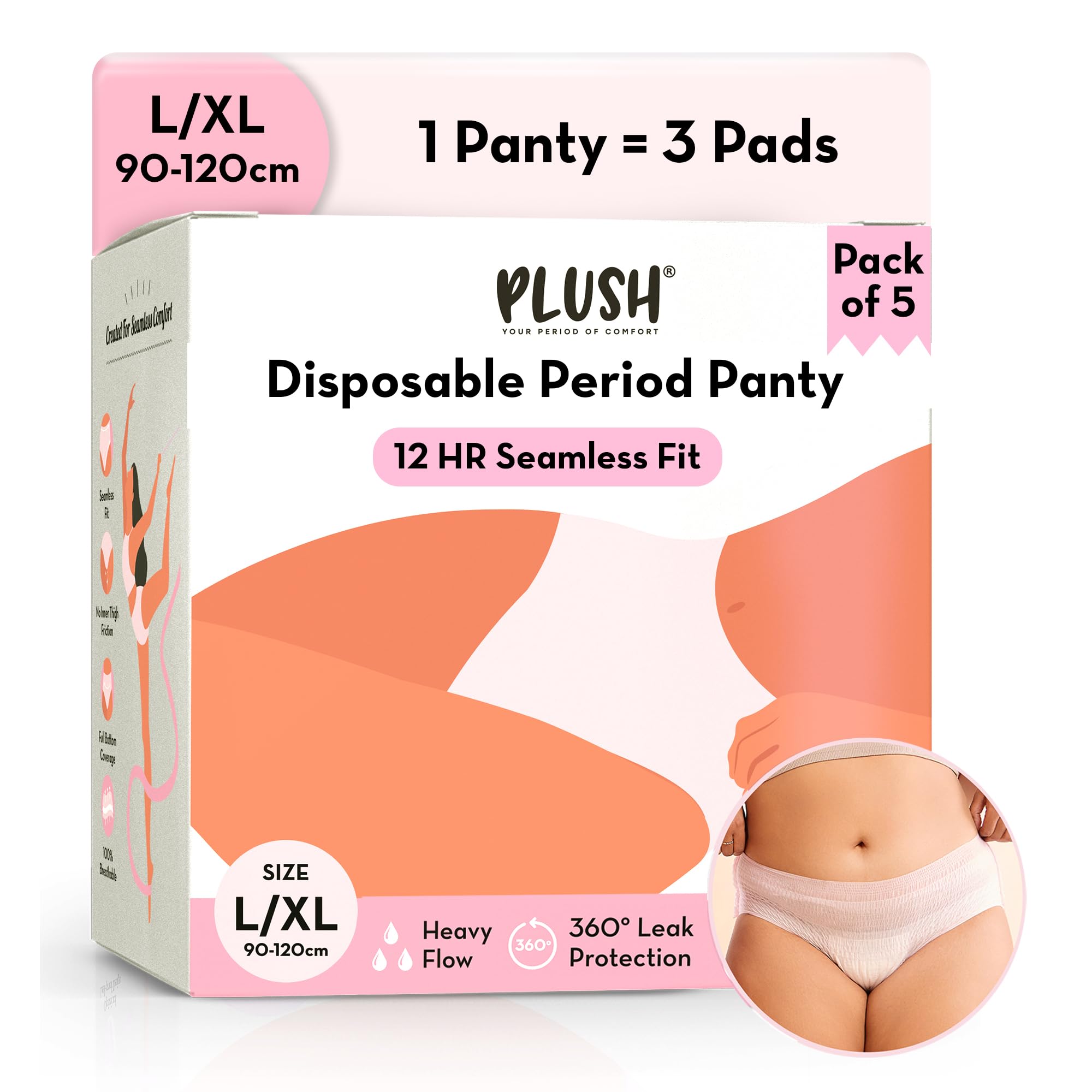 PLUSH Disposable Period Panty for Women Heavy Flow - 5 Pcs (L/XL, 90-120cm) | 12-Hour Leak Protection | 100% Rash-Free Period Panties | Non-Bulky, Panty Like Fit | Ideal for Overnight Use Lilac