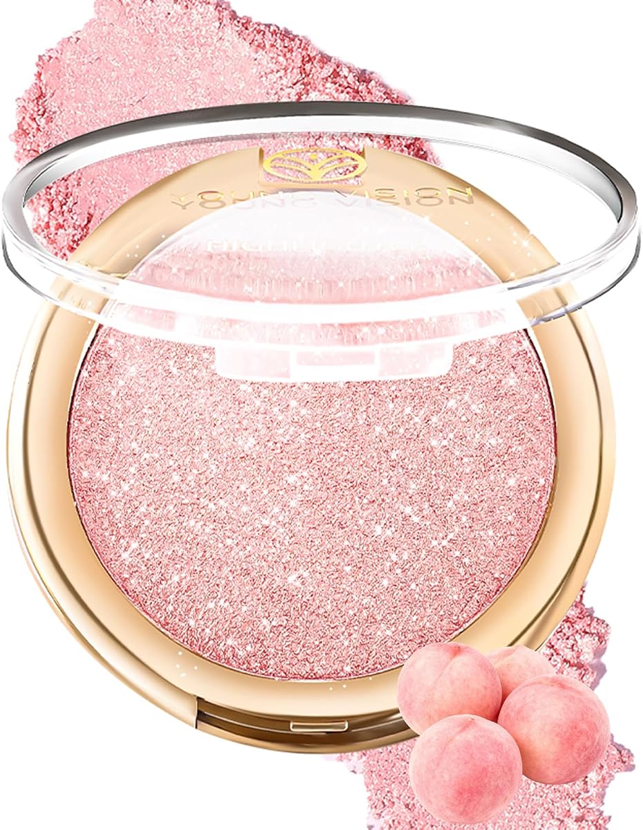YOUNG VISION Pink Pressed Powder Face Highlighter, Luminous Shimmer Makeup | Baked Natural Glow Shimmer Highlighting Makeup for Cheek, Eye, Eyeshadow, Body, Skin, Cruelty-Free, Xmas Holiday Gift