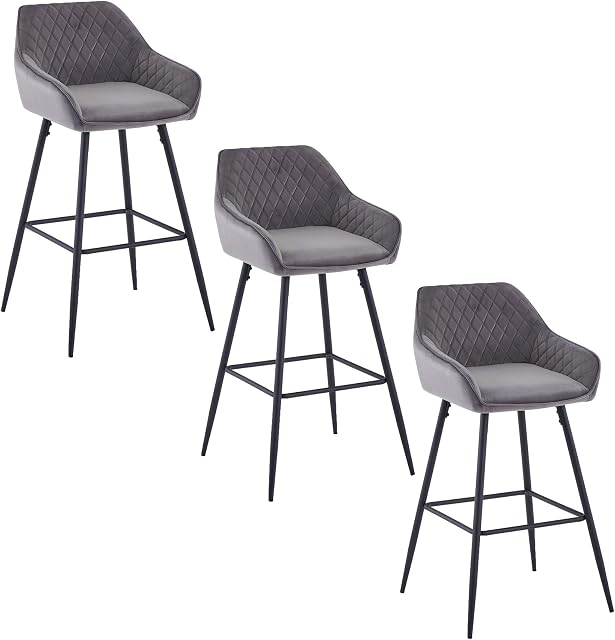 AINPECCA Set of 3 Velvet Barstools Fabric Upholstered seat with Backrest & Armrest Black Metal Legs Kitchen Breakfast Counter Chairs (Grey velvet, 3 pcs)