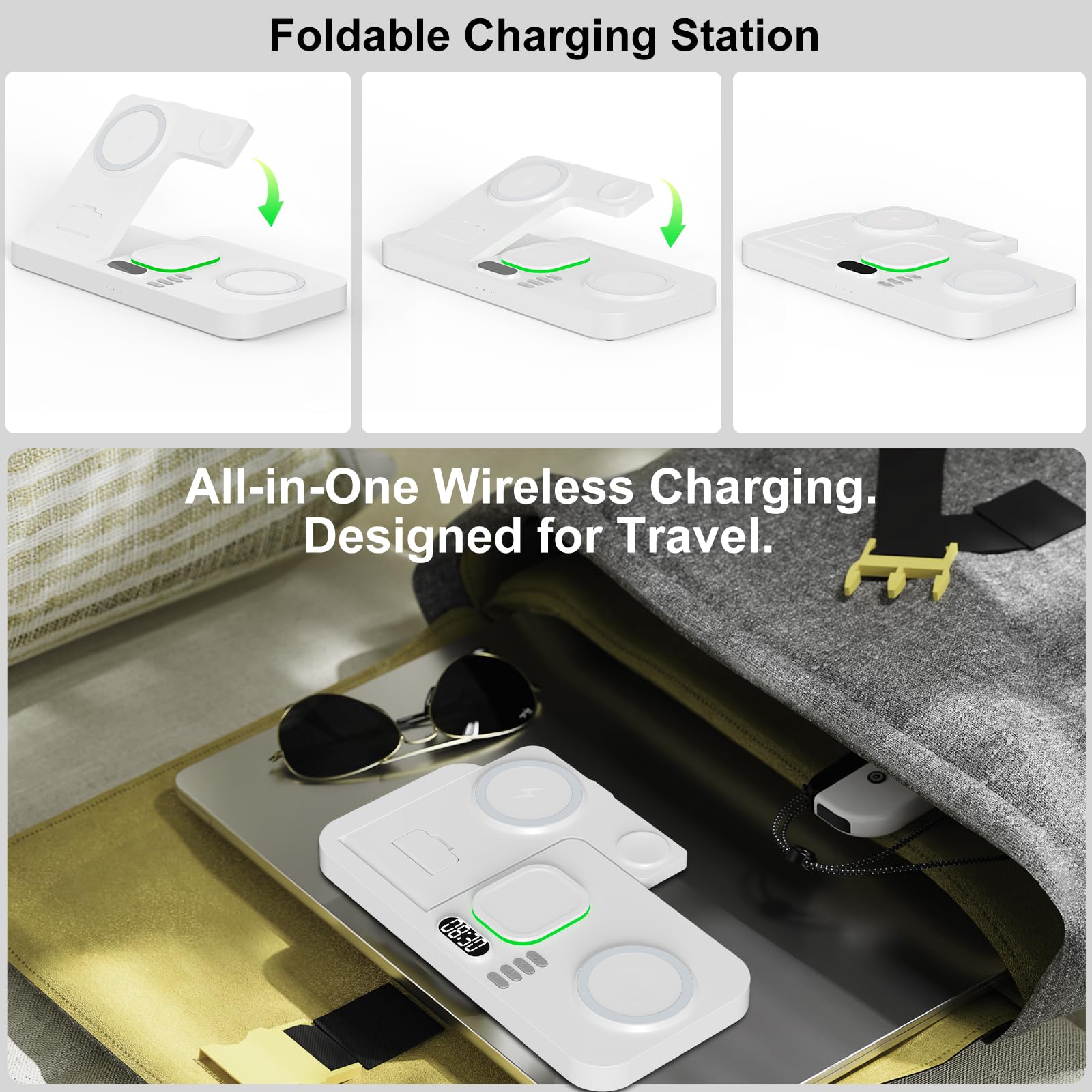 Station de charge magnétique sans fil double pour appareils Apple, éclairage automatique 7 couleurs et horloge 12 h, chargeur multi-appareils pour iPhone 17/16/15, pour iWatch 11/10/9 et