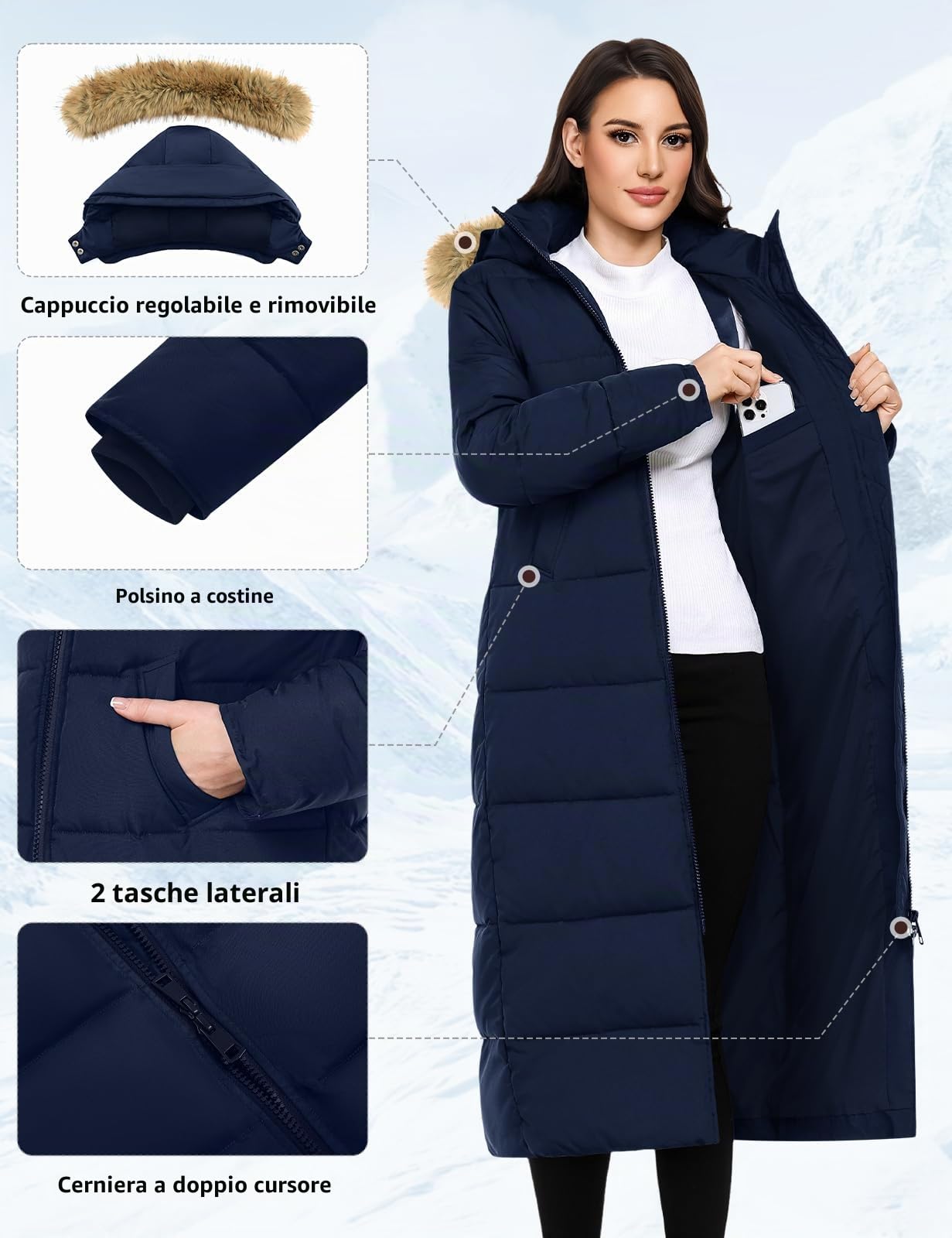 Yuson Girl Cappotto Donna Invernale Lungo Termici Ispessito Cappotti Imbottito con Cappuccio Elegante Giubbotto Trapuntata Outdoor Antivento Piumino Giacca Parka con Zip e Tasche