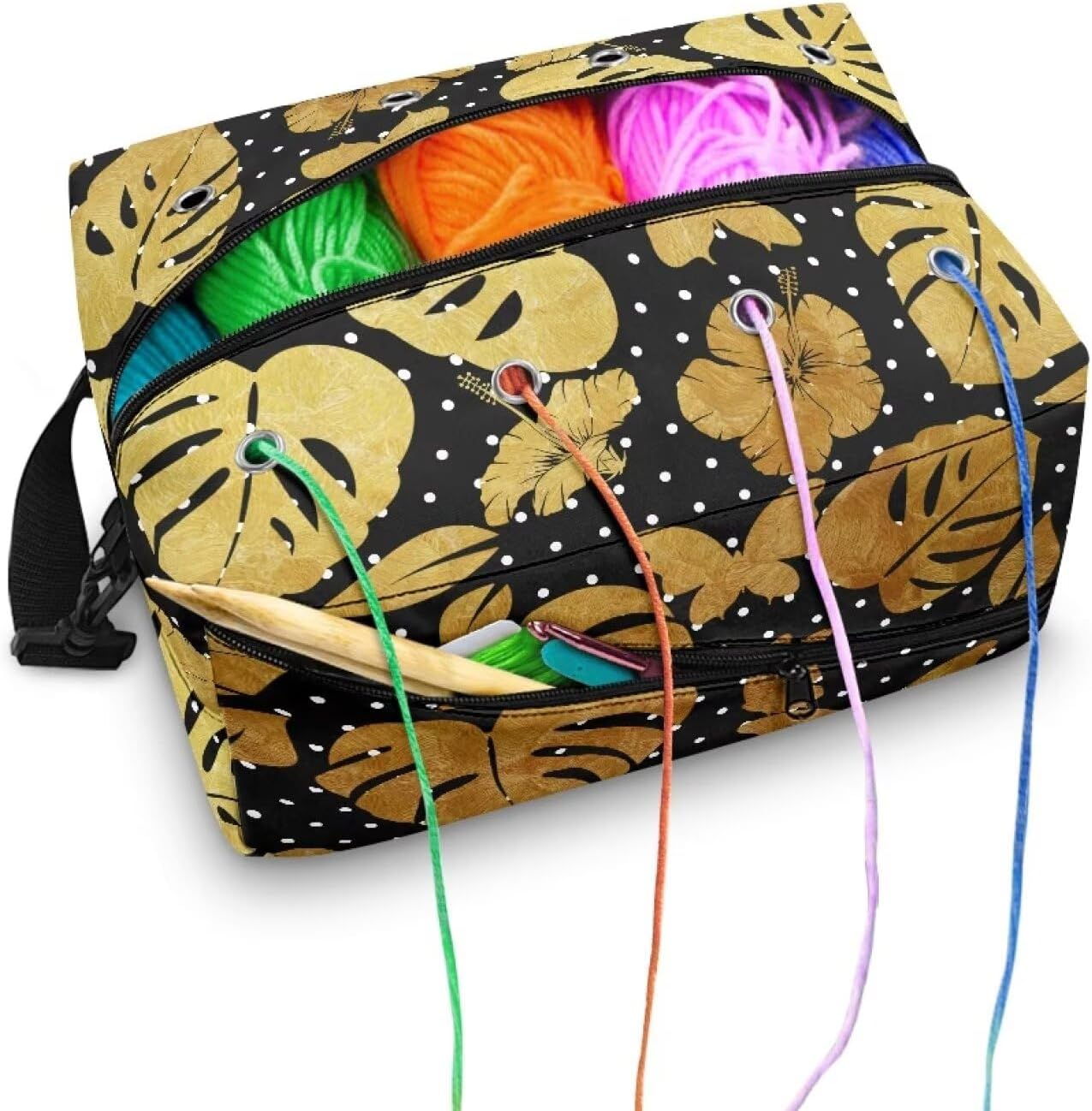 Kathyboom Golden Leaves Yarn Bag Crochet Storage Bag Portable Yarn Bag for Carrying Projects, Kitting Needles, Crochet Hooks and Other Crocheting Accessories