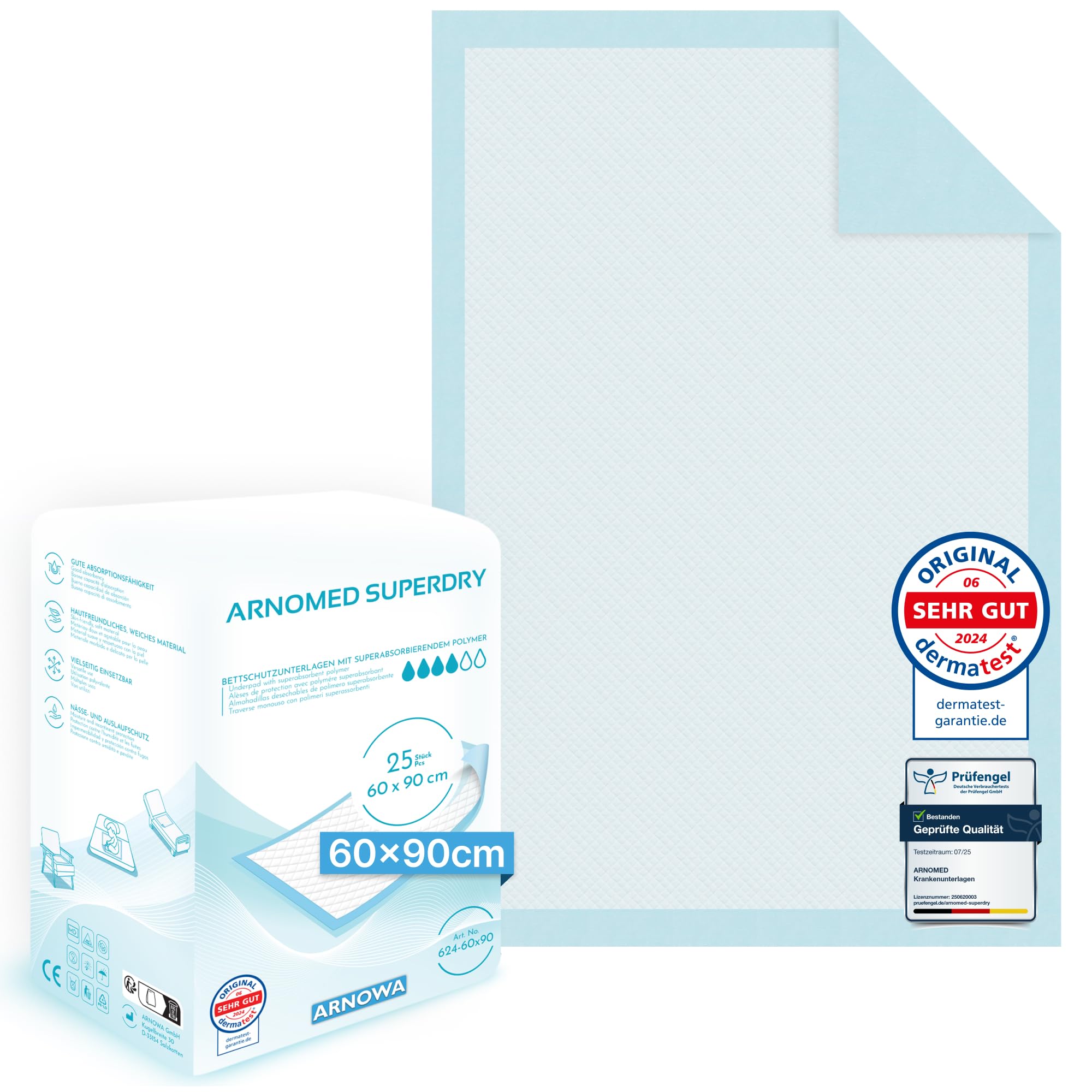 100x ARNOMED® Krankenunterlagen 60x90cm saugfähige Inkontinenzunterlagen | 5-lagige Zellstoff Unterlagen fürs Bett bei Inkontinenz, saugfähige Wickelunterlage für Babys, Wickelunterlage Einweggebrauch