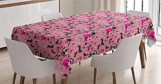 Lunarable Feminine Tablecloth, Girly Pattern Glamour Accessories Furniture Portrait and Dogs, Rectangle Satin Table Cover Accent for Dining Room and Kitchen, 60" X 84", Pastel Pink Hot Pink