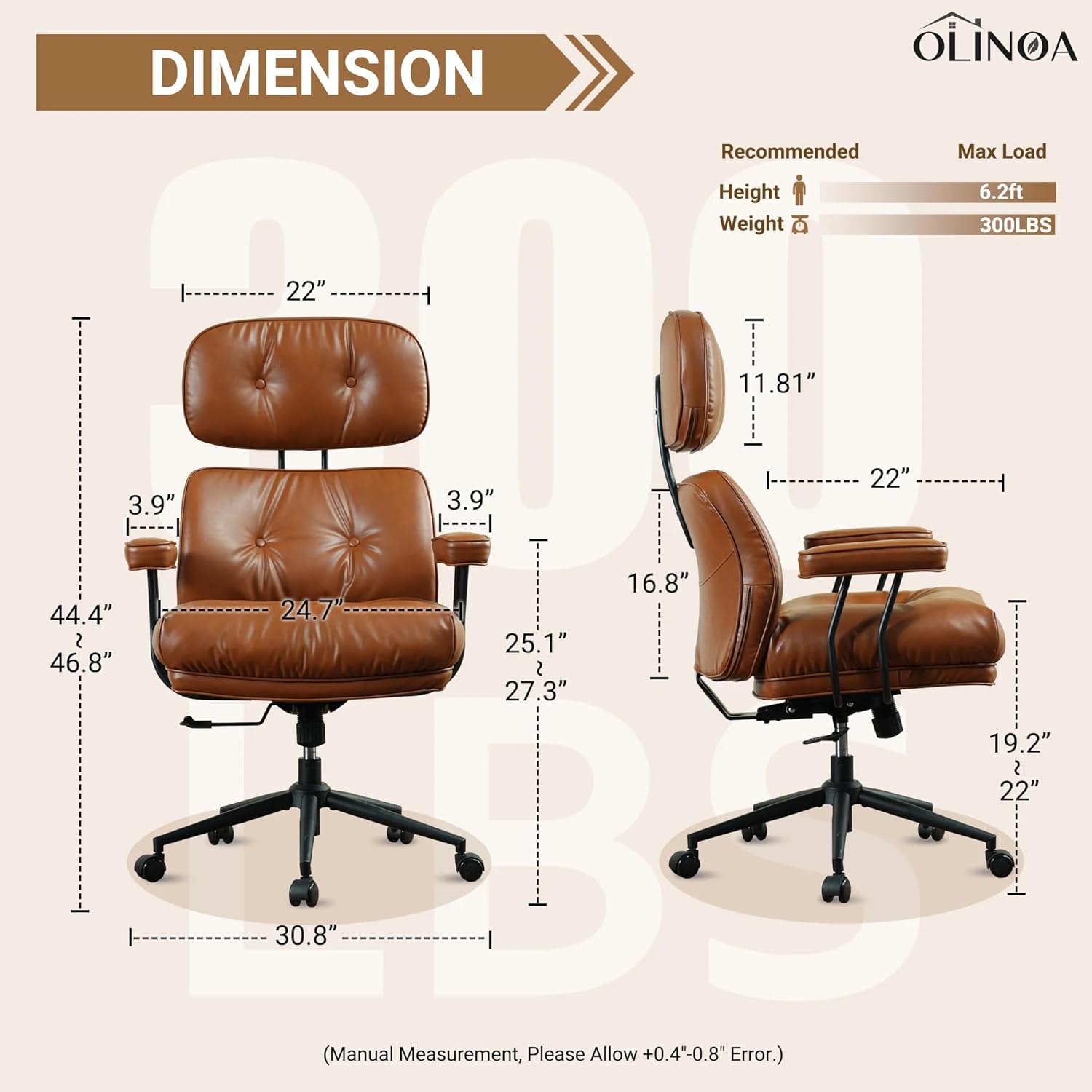 OLINOA PU Leather Office Chair High Back Ergonomic Desk Chair with Lumbar Support Mid-Century Executive Computer Chair with Wheels for Home Office, Brown