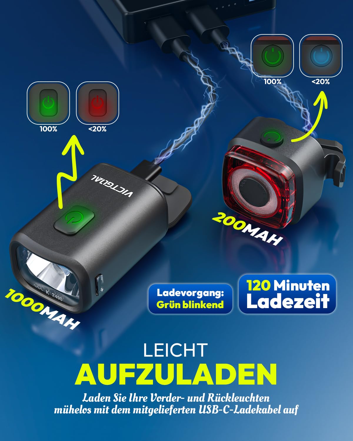 VICTGOAL Fahrradlampe Set StVZO Zugelassen, 50 Lux Fahrrad Lichter LED Set mit IPX5 Wasserdicht, Fahrradbeleuchtung Set Fahrradlicht USB C Aufladbar für Nachtradfahren