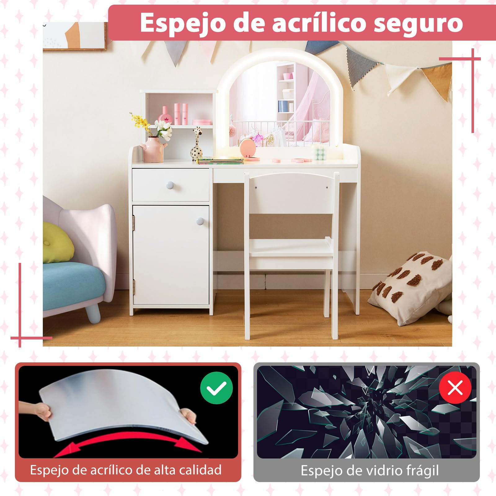 COSTWAY Tocador de Maquillaje Niña con Luces LED 2 Colores, Mesa y Silla para Niños, Espejo Acrílico Blanco