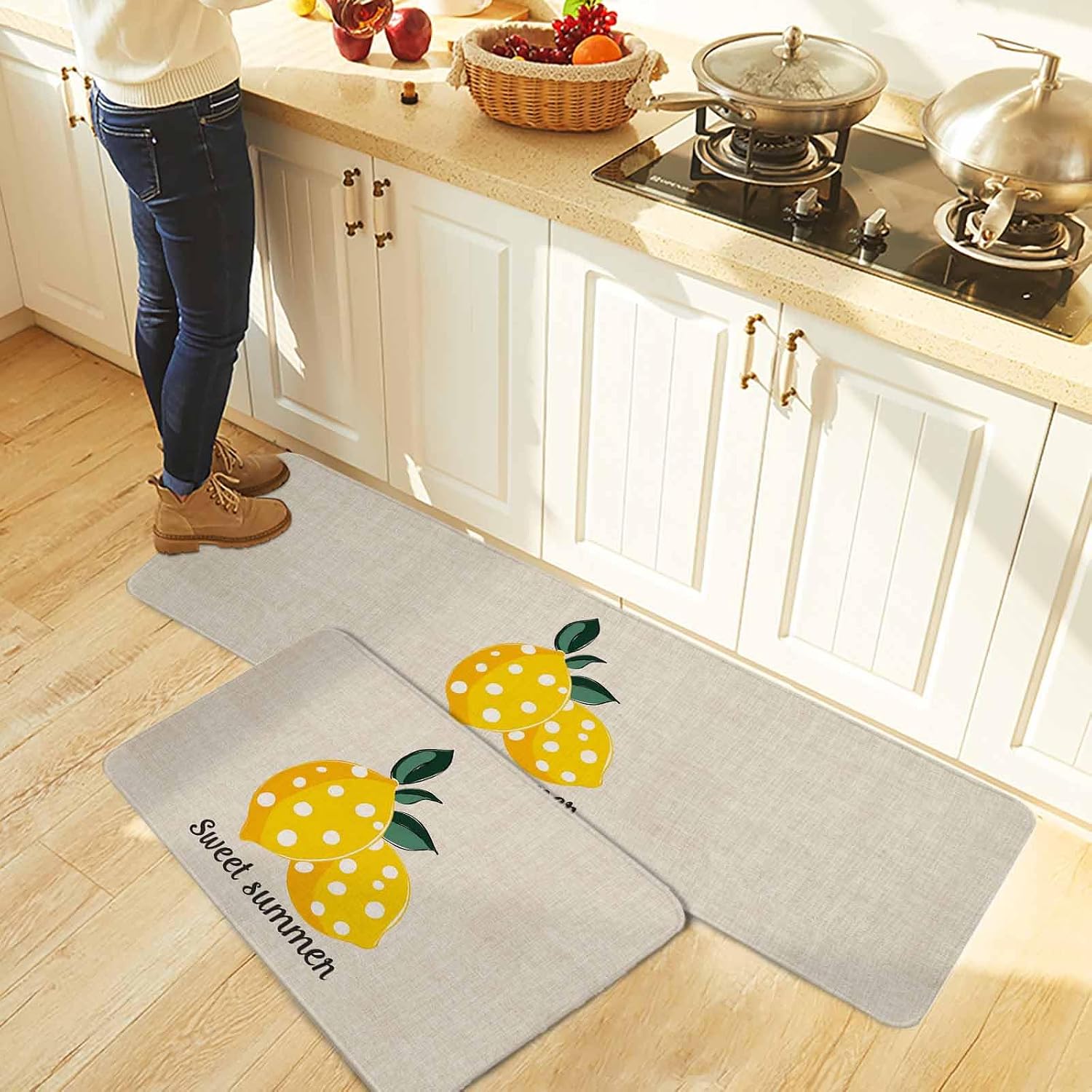 Yellow Lemons Kitchen Rugs and Mats Set of 2, Non-Slip Kitchen Sink Mat, Summer Botanical Farmhouse Rustic Washable Doormat Bathroom Rugs Runner for Bedroom/Living Room 19.7"x31.5"+19.7"x63"