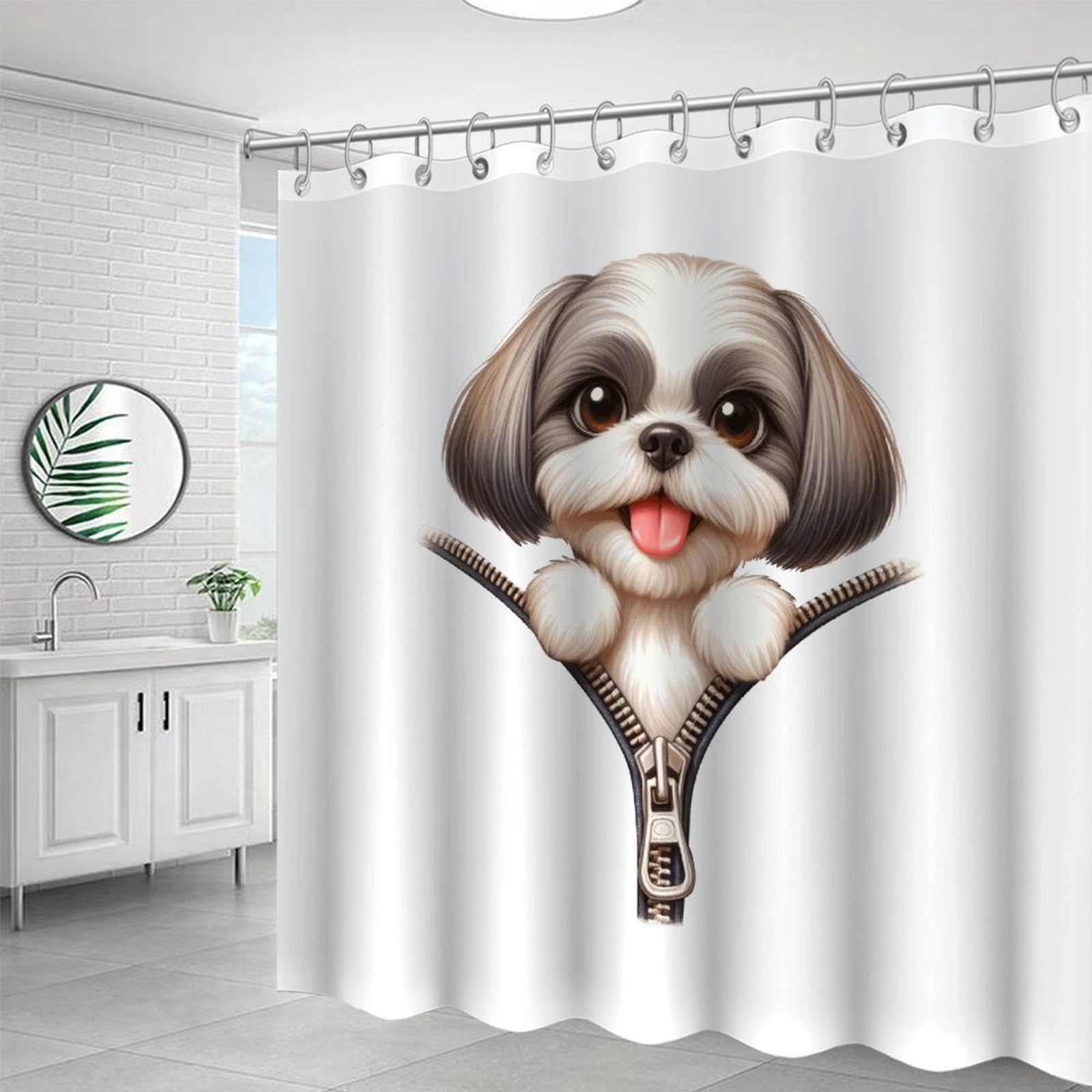 Yelolyio Shih Tzu Shower Curtain with 12 Hooks,Zipper Peeking Dog Waterproof Wrinkle-Resistant Shower Curtain for Bathroom Bathtubs Polyester 72" X 72"