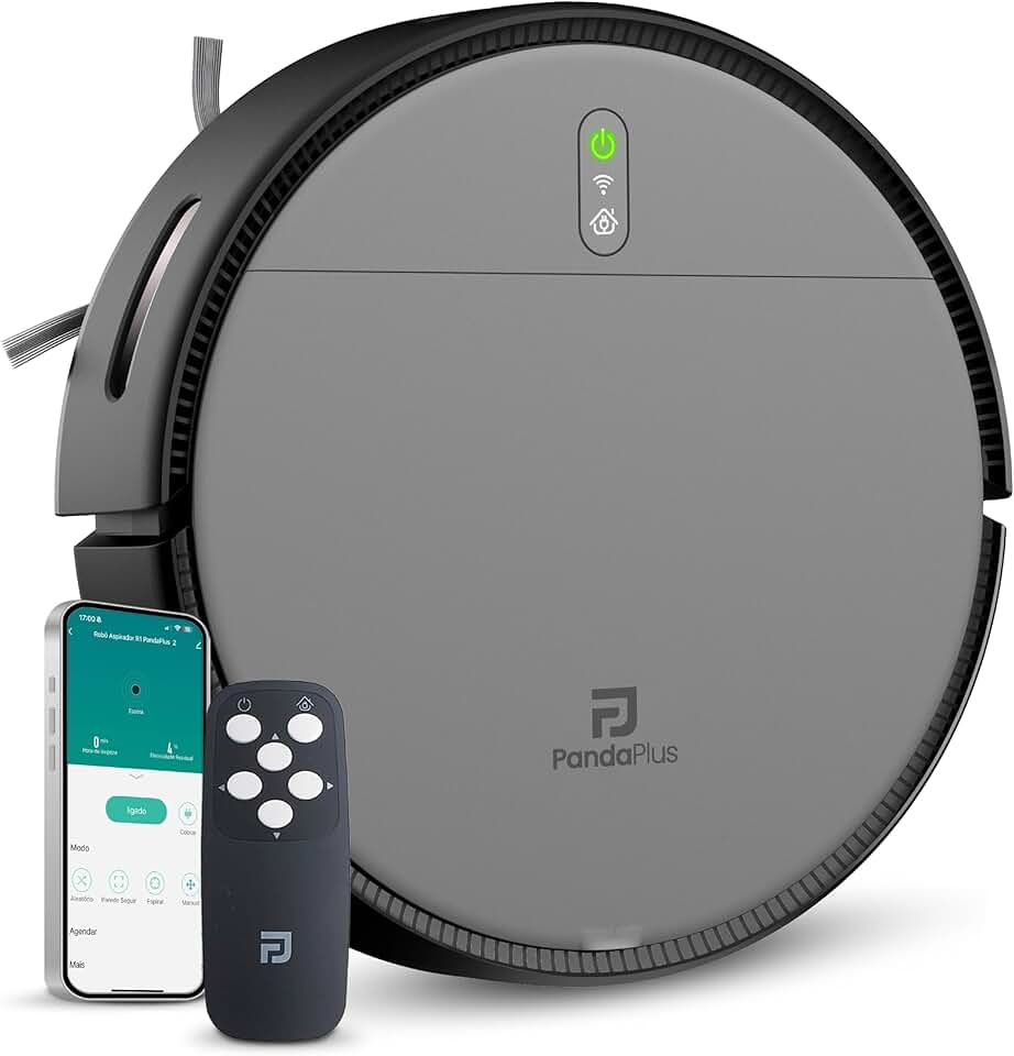 Robô Aspirador de Pó Inteligente 3 em 1 Varre, Aspira e Passa Pano Panda Plus AMG-R1 Wi-Fi, Alexa, Controle Remoto, Vários Modos Bivolt (Cinza)