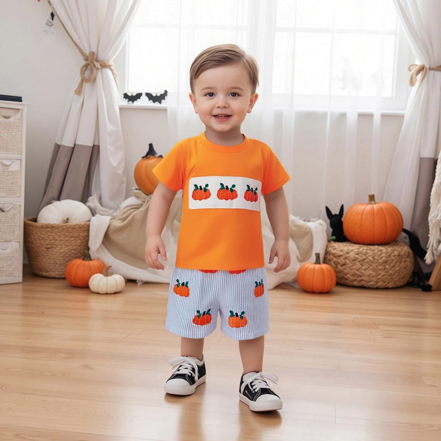 Karuedoo Halloween Toddler Baby Boy Outfit Pumpkin Embroidery Smocked Short Sleeve T-Shirt and Plaid Shorts Set Fall Clothes - Image 3