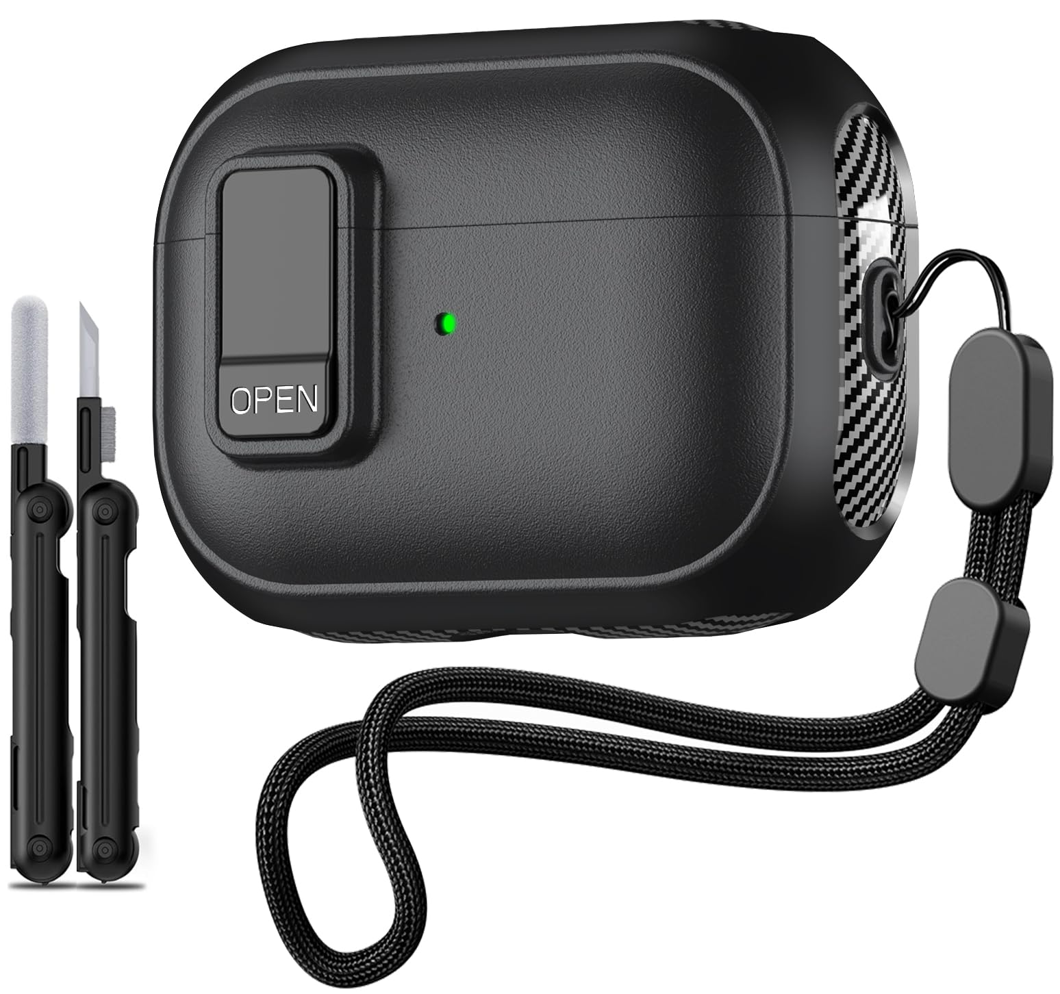 Inesore Compatible with AirPods Pro 2nd Generation Case,?with Lock Clip? Carbon Fiber Design Protection Case for Airpods Pro 2nd/1st Gen (2023/2022/2019) with Lanyard/Cleaning Pen - Balck