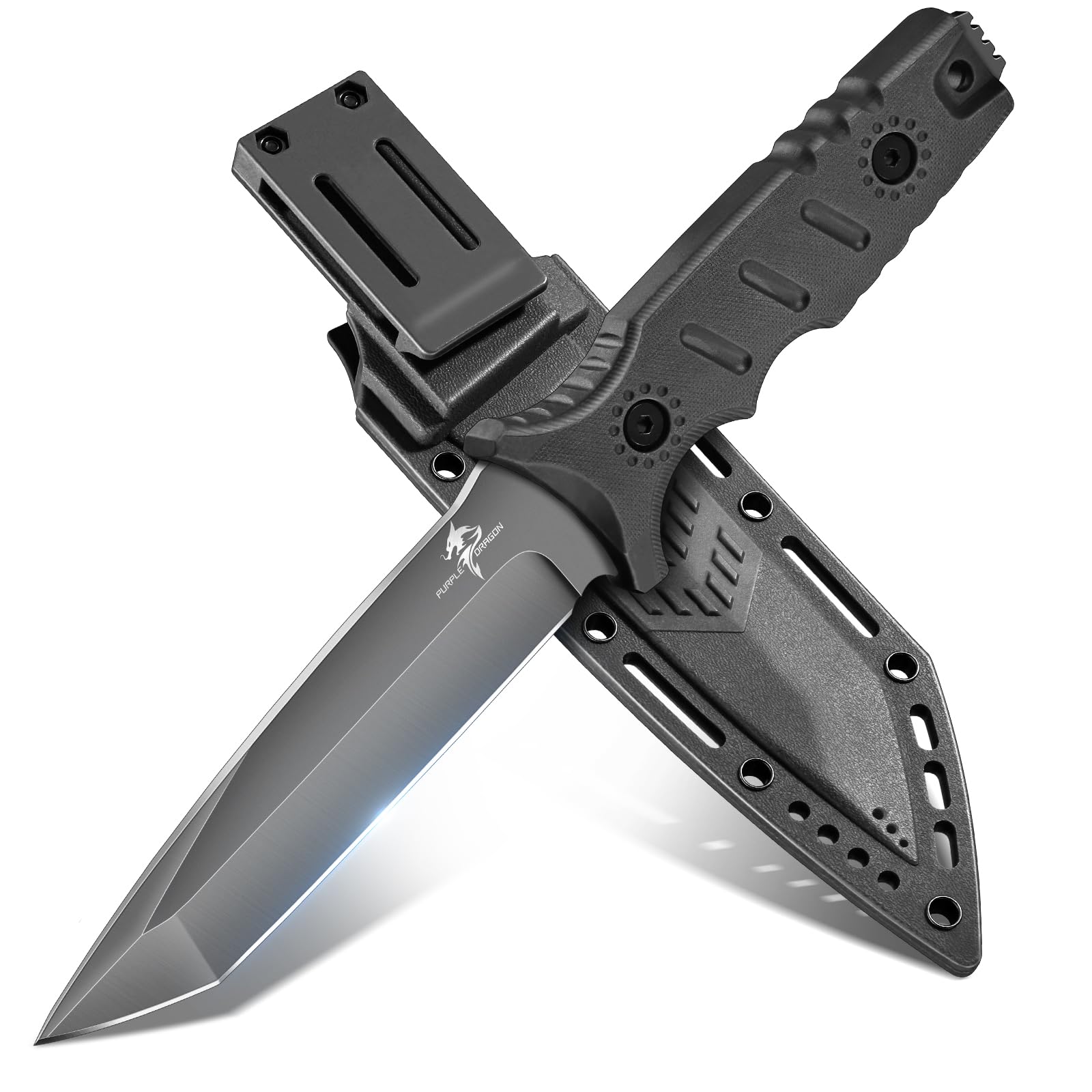 Purple Dragon Couteau de Survie Extérieur avec Étui en Kydex, Couteau à Lame Fixe en Acier D2 Forgée d'une Seule Pièce, Couteau Full Tang avec Manche G10 pour le Camping, Noir