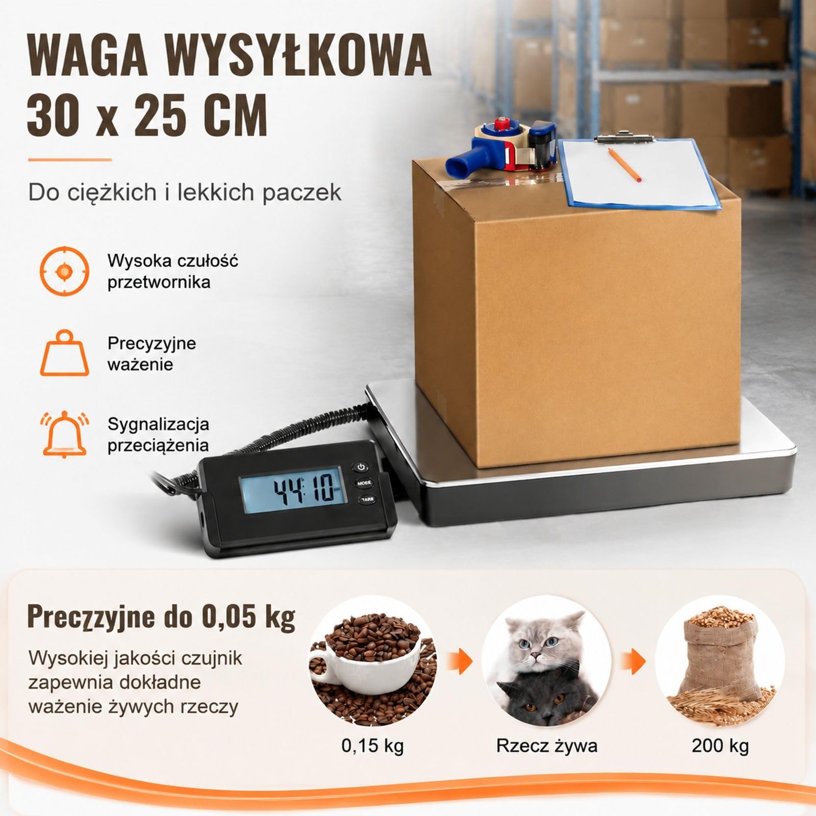 Cyfrowa waga platformowa do paczek i przesyłek, stal nierdzewna i ABS, funkcja tarowania, kg/lbs/lbs:oz, dokładność 50 g, do domu, biura i magazynu