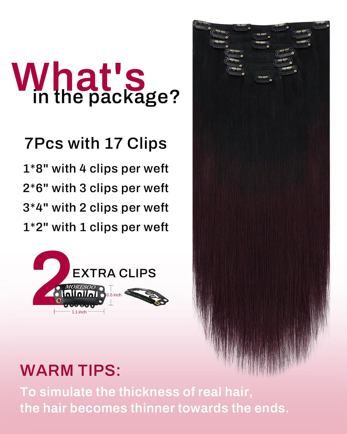 Moresoo Clip in Hair Extensions Ombre Black to Wine Red Double Weft Real Hair Clip in Extensions Balayage Black to Burgundy 7Pcs/120G 22inch