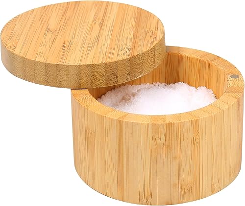 Caja de sal de bambú con tapa giratoria magnética, recipiente redondo de especias de 8.5 onzas, almacenamiento y organización seguros y duraderos Caja de sal de bambú con tapa giratoria magnética, recipiente redondo de especias de 8.5 onzas, almacenamiento y organización seguros y duraderos
