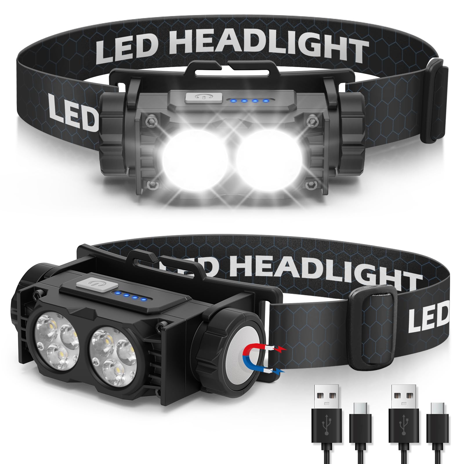 HytedHead Torch Rechargeable, 2 Packs Super Bright 2000 Lumens LED Headlamp Headlight, 3 Light Modes, Waterproof Headtorch for Camping, Running,Cycling,Fishing（Black）