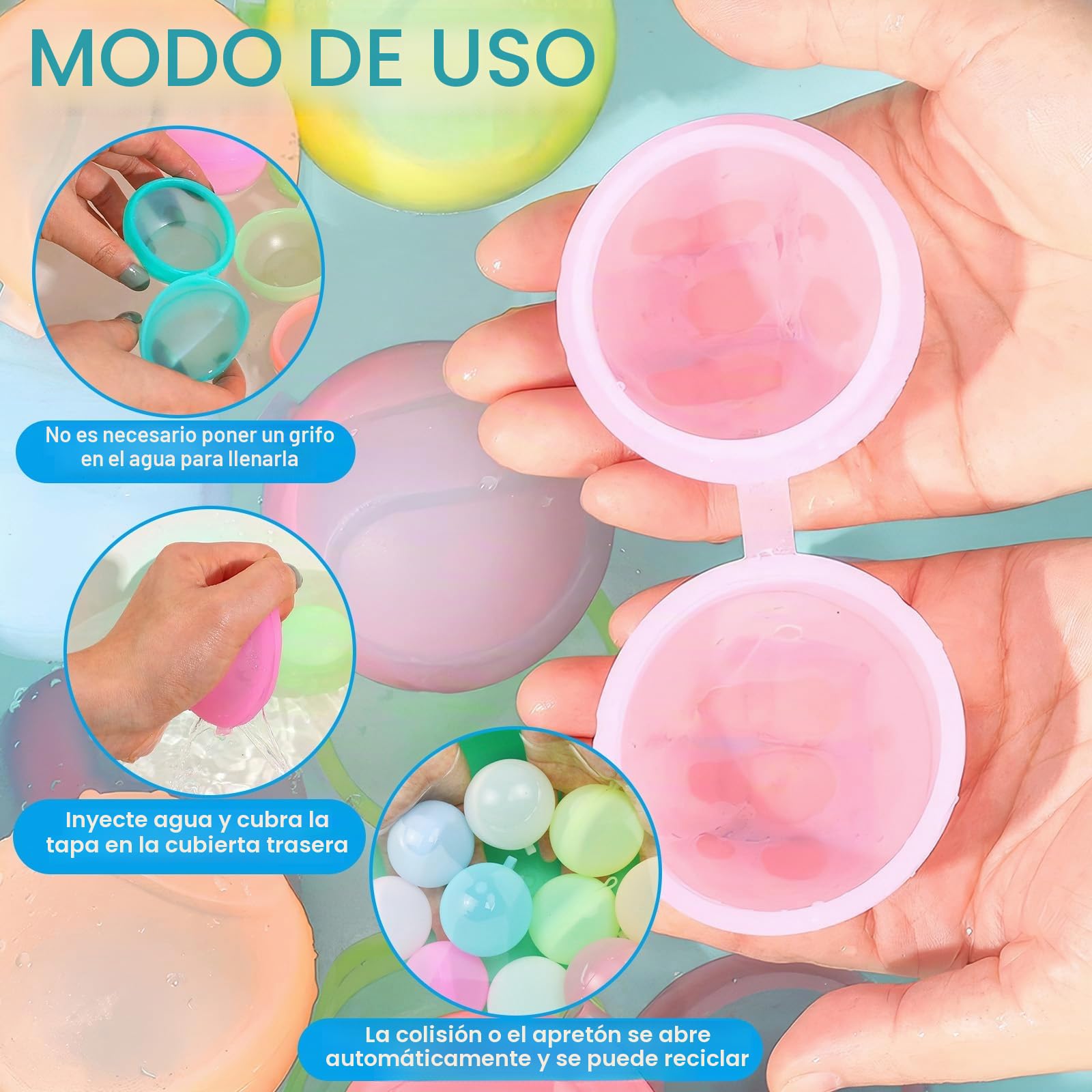 MWZEAUL Pack De 36 Globos De Agua Reutilizables De Silicona – Llenado Rápido En 1-2 Segundos – 6 Colores Vivos – Ideales Para Piscina, Playa Y Fiestas Acuáticas