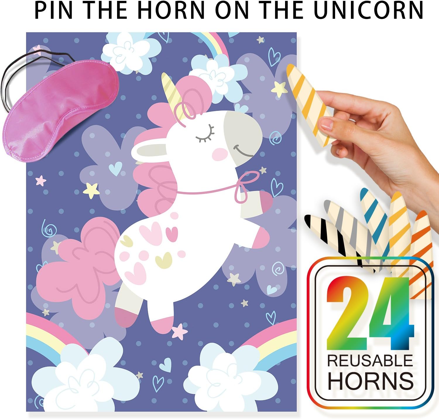 Pin The Horn On The Unicorn Party Game for Unicorn Themed Activities Set,24 Reusable Horns,Fabric Unicorn Poster,Blindfold Mask,Magical Rainbow Party Supplies,Fun Birthday Party Favors for Kids/Girls