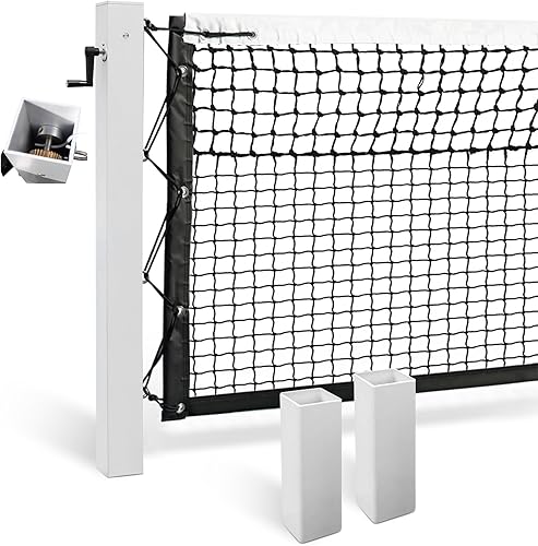 In Ground Tennis Net Set, 4 Square Aluminum Posts & Heavy Duty Double-Layer Tennis Net, Unique Built-in Winder Design, Sturdy and Durable, Follows