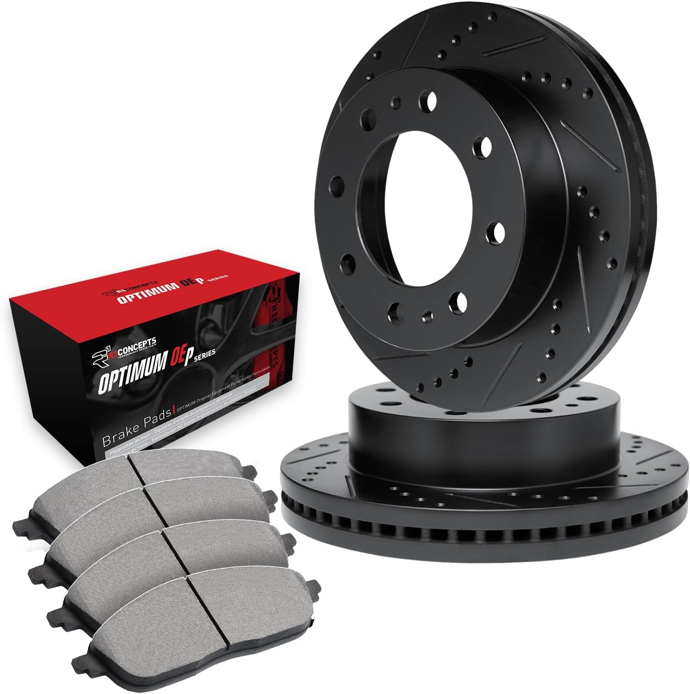 R1 Concepts Front Brakes and Rotors| Drilled Slotted Brake Rotors| Front Optimum OEp Brake Pads and Rotors Kit| Brake Kit| Automotive Replacement Brake Kits