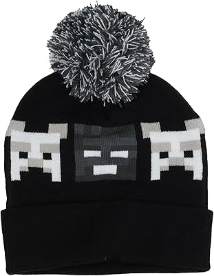 Minecraft Adult Cuffed Beanie with Pompom and Jacquard Icons, Black