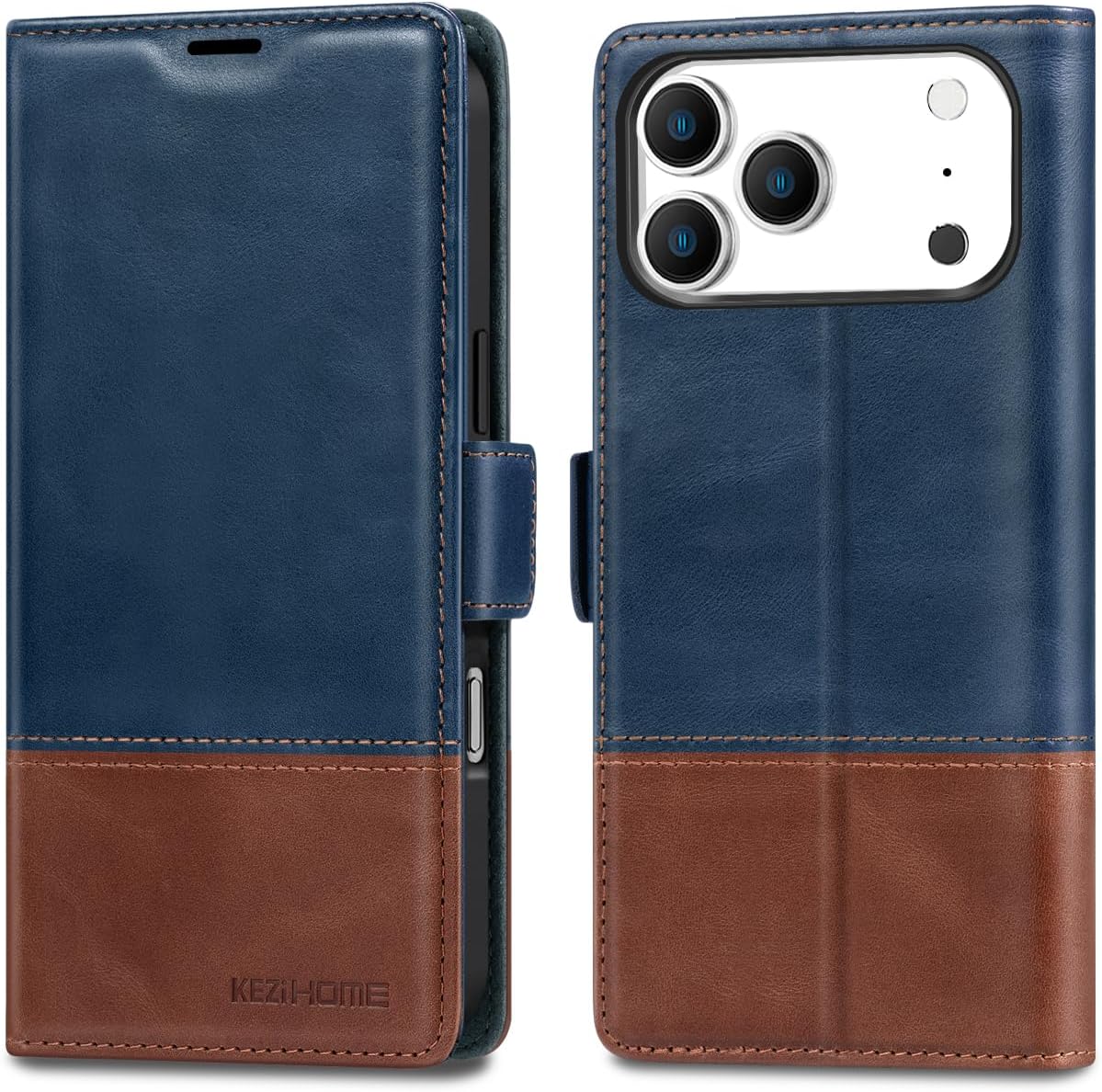KEZiHOME Compatible with iPhone 17 pro max Wallet case, Shockproof Genuine Leather[RFID Blocking] Card Slot Magnetic Stand Filio Phone case for iPhone 17 pro max 5G (Royal Blue/Brown)