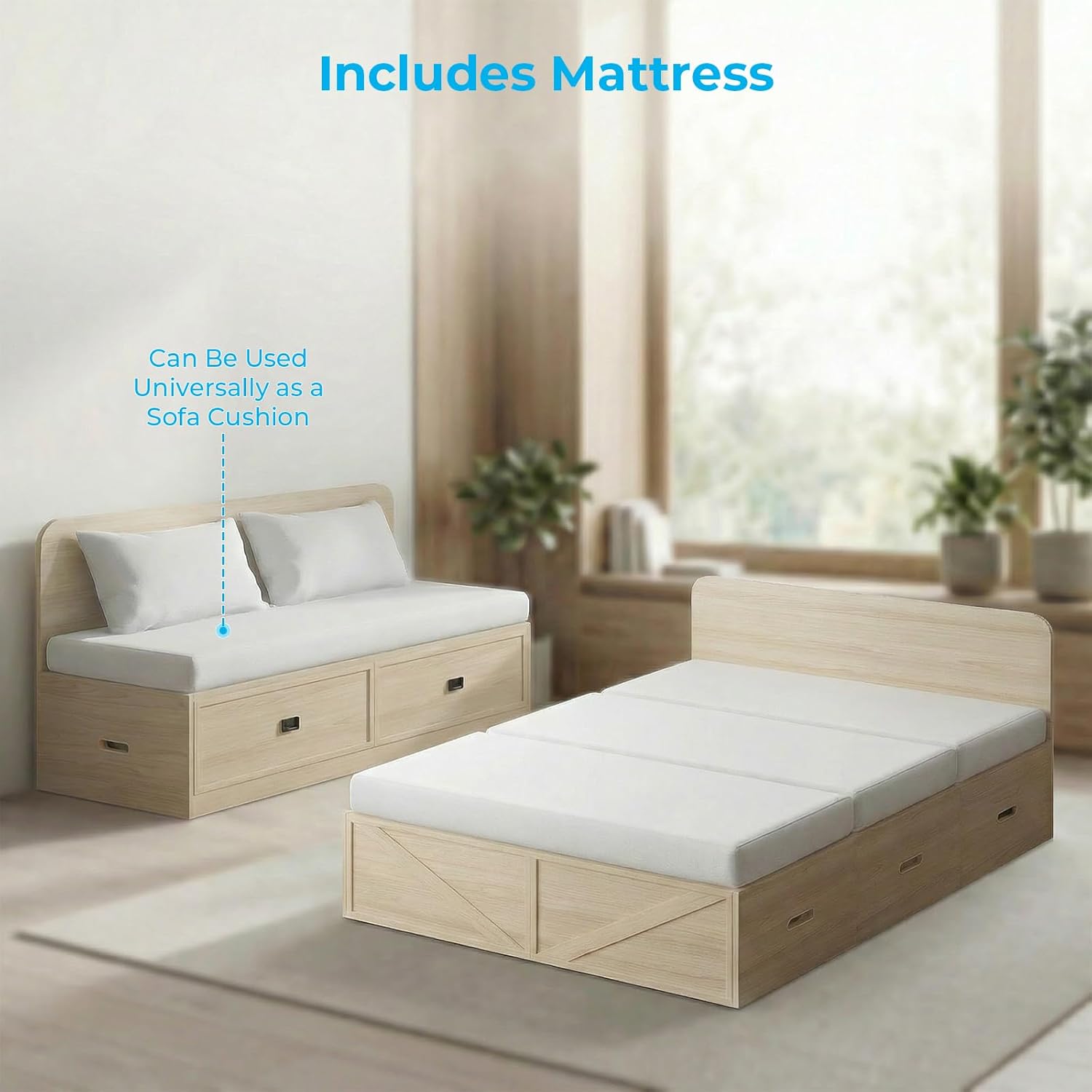 Mjkone Murphy Bed, Cabinet Beds Queen Size with Mattress Included, 3-in-1 Convertible Sofa Furniture Sets, Hidden Chest Bed with Storage Drawers, Guest Sleeper Beds for Small Room, Apartment - Wood