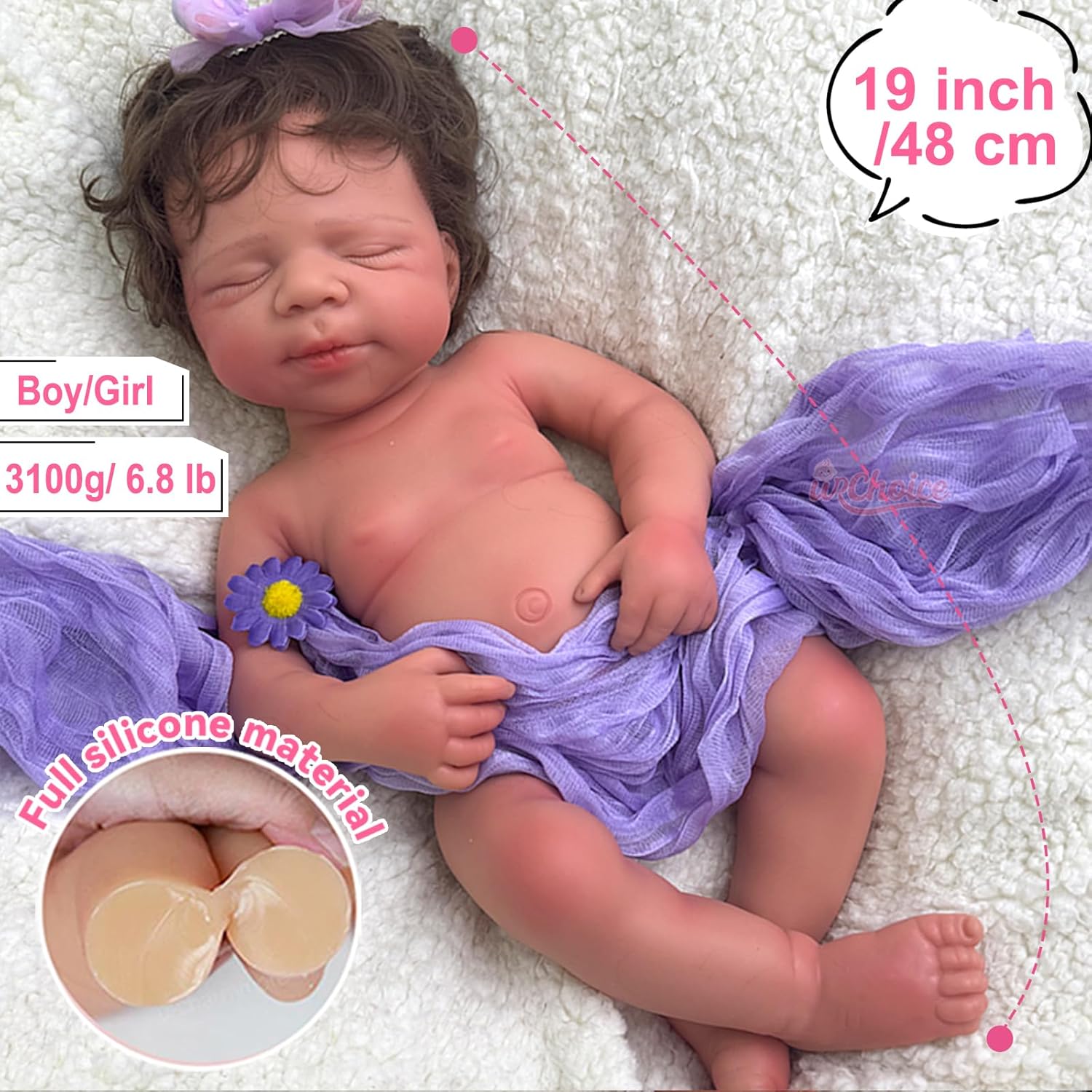 Open Mouth Reborn Baby Dolls with Rooted Hair Realistic 19 inch Full Body Silicone Baby Doll Boy Sleeping Newborn Doll Anatomically Correct