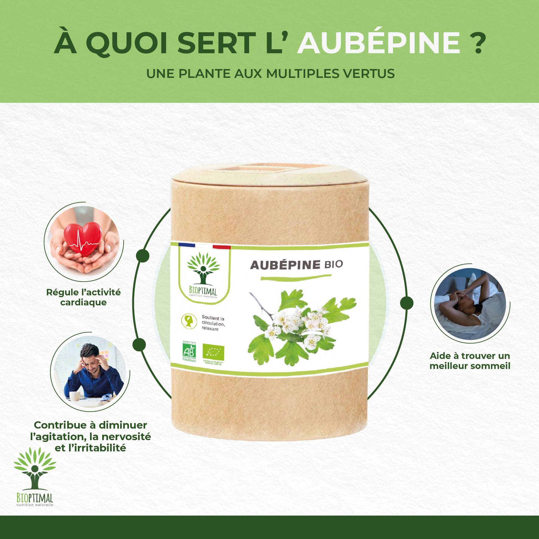 Aubépine bio - Bioptimal - Complément alimentaire - Sommeil Anti-Stress Anxiété - 100% Sommité Fleurie en Poudre Pure - 300mg par Gélule - Fabriqué en France - Certifié par Ecocert - 200 gélules