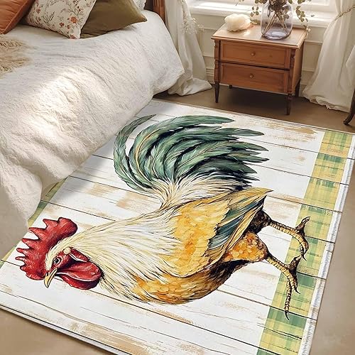 2.7x5 Area Rugs, Retro Rooster Non-Skid Rubber Backing Large Rectangle Rugs - Living Room Bedroom Home Office, White Animals Wooden Watercolor