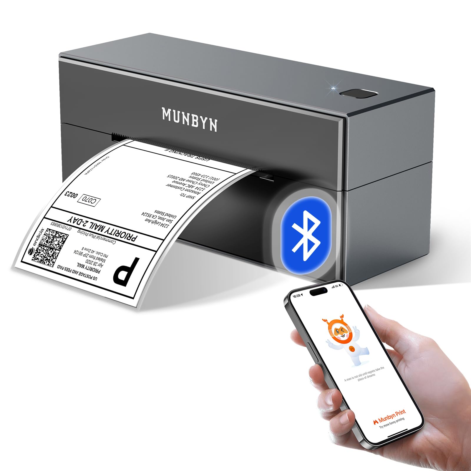 MUNBYN [Bluetooth Impresora Etiquetas Térmica para Envío de 203DPI Impresora Pegatinas Autoadhesivas 4x6 Compatible con UPS, Etsy, Ebay, Amazon, 150mm/s