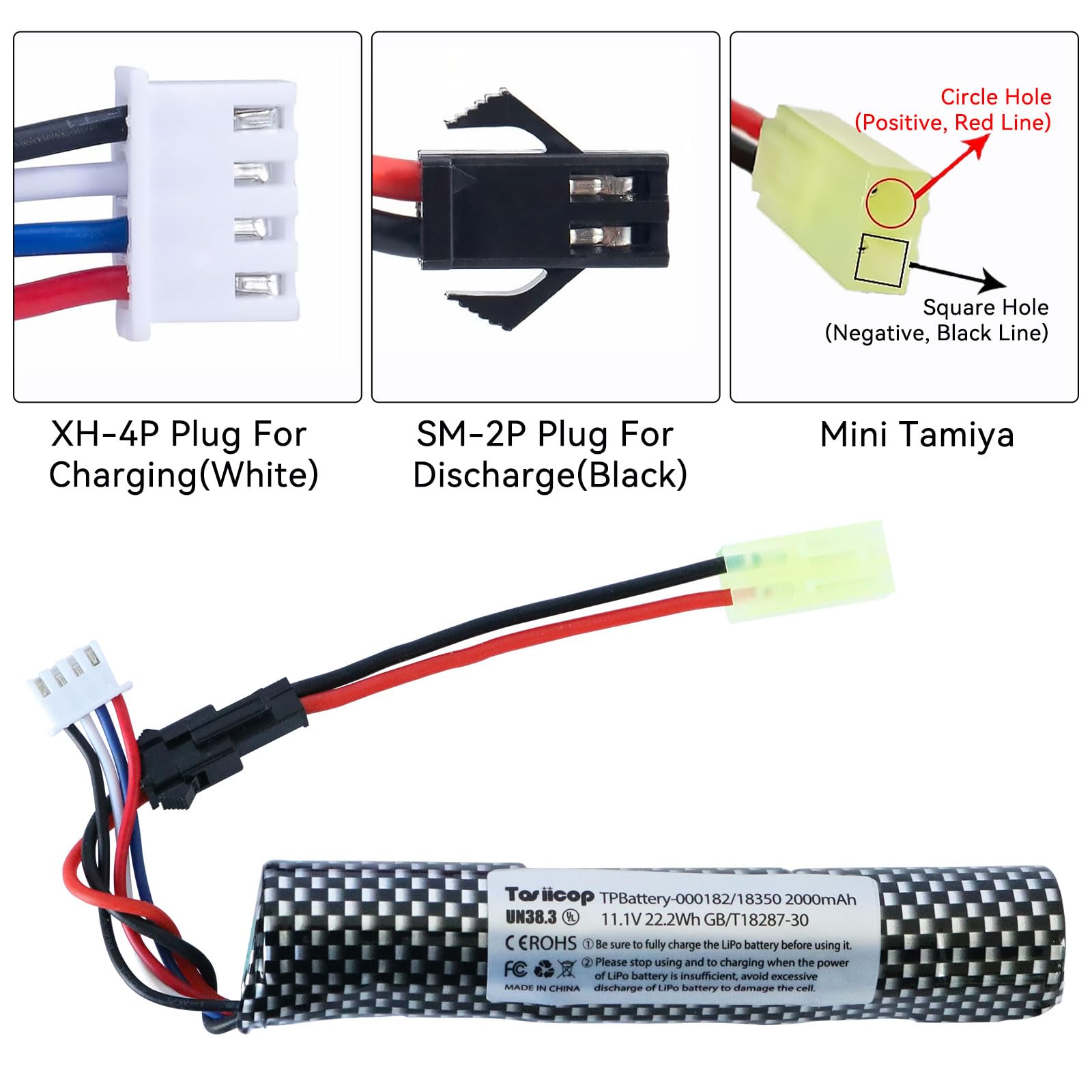 Tosiicop 11.1v Battery Gel Blaster - Airsoft Batteries 11.1 Volt 2000mAh with Charger and Mini Tamiya Connector to SM-2P Plug Conversion Cable for Water Bead Splatter Ball 2 Pcs