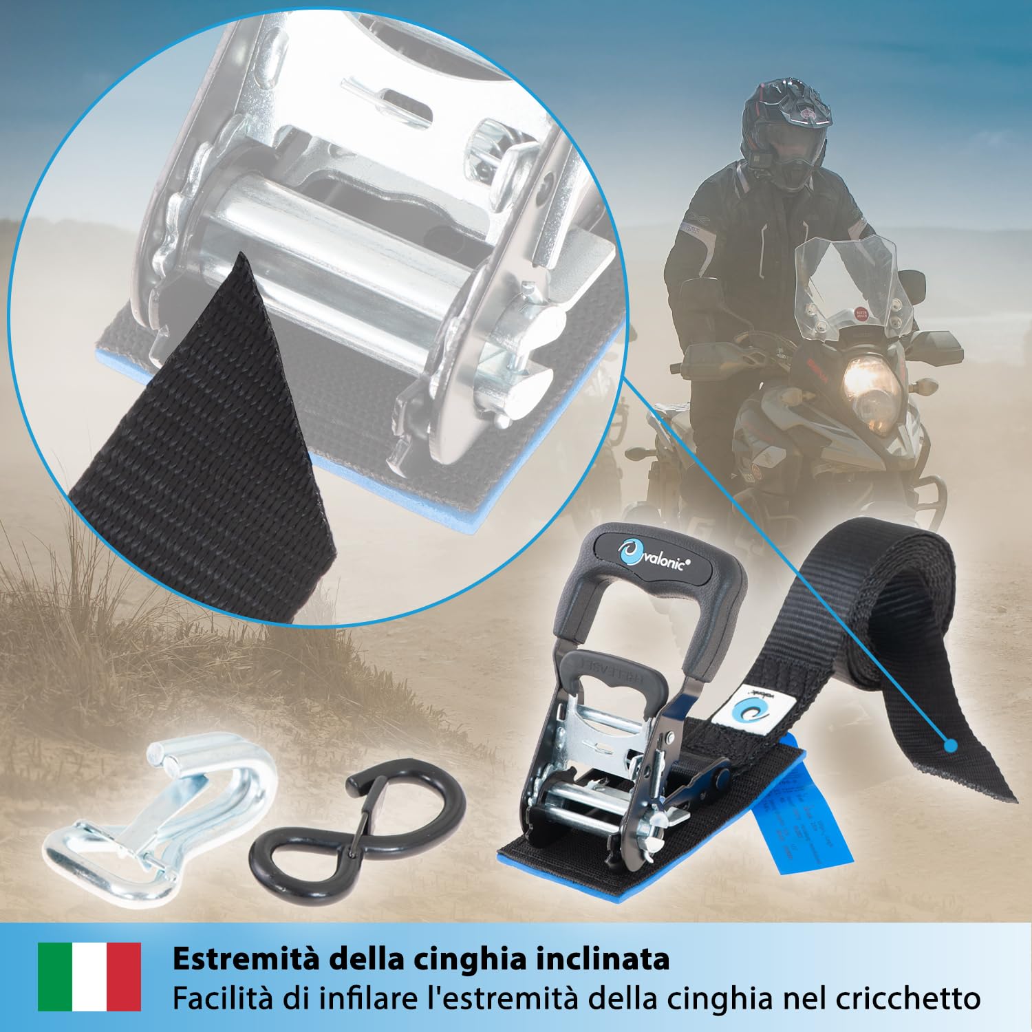 valonic PANTHER - 2x 2,25m cinghie di fissaggio con ganci per moto, 38mm, 650/1300 Kg, imbottitura, Certificato TÜV Rheinl. / GS, EN 12195-2 - distanza di fissaggio molto breve