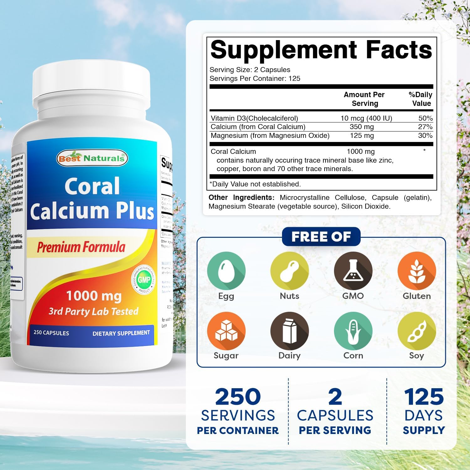 Best Naturals Coral Calcium Plus 1000 mg 250 Capsules (Pack of 2)