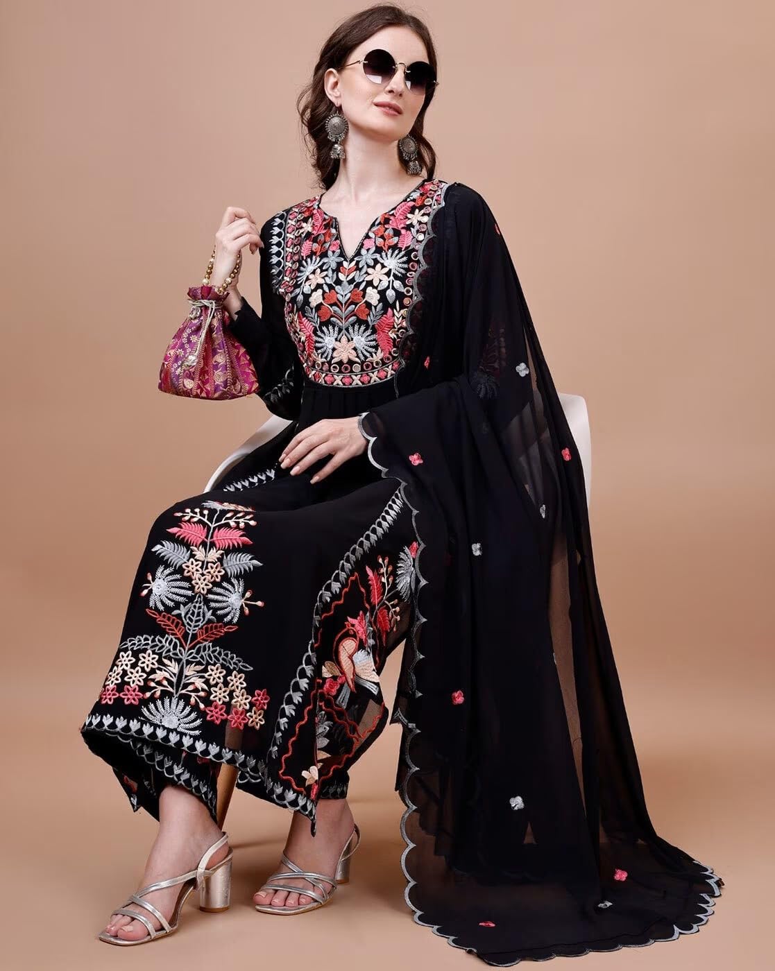 Fashion Basket Women's Faux Georgette Embroidered Straight Kurta With Dupatta Black
