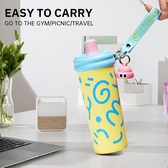 Stainless Steel Tumbler with Straw, 600ml/20oz Tumbler with Leak Proof, Reusable Double Walled Water Bottle, Thermo Coffee Travel Mug (Yellow)