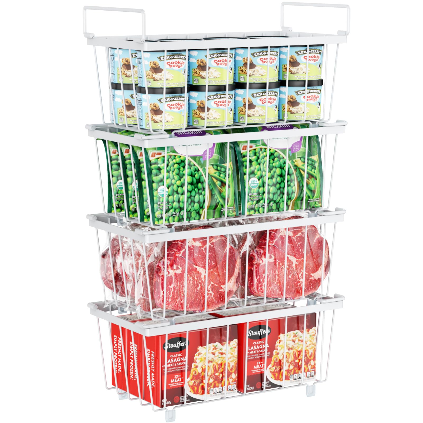 ispecle freezer organizer bins, 4 pack deep freezer baskets for 5 to 7 cu.ft, stackable wire chest freezer organizer bins for small food, strong metal with handles for meat and veggies, white