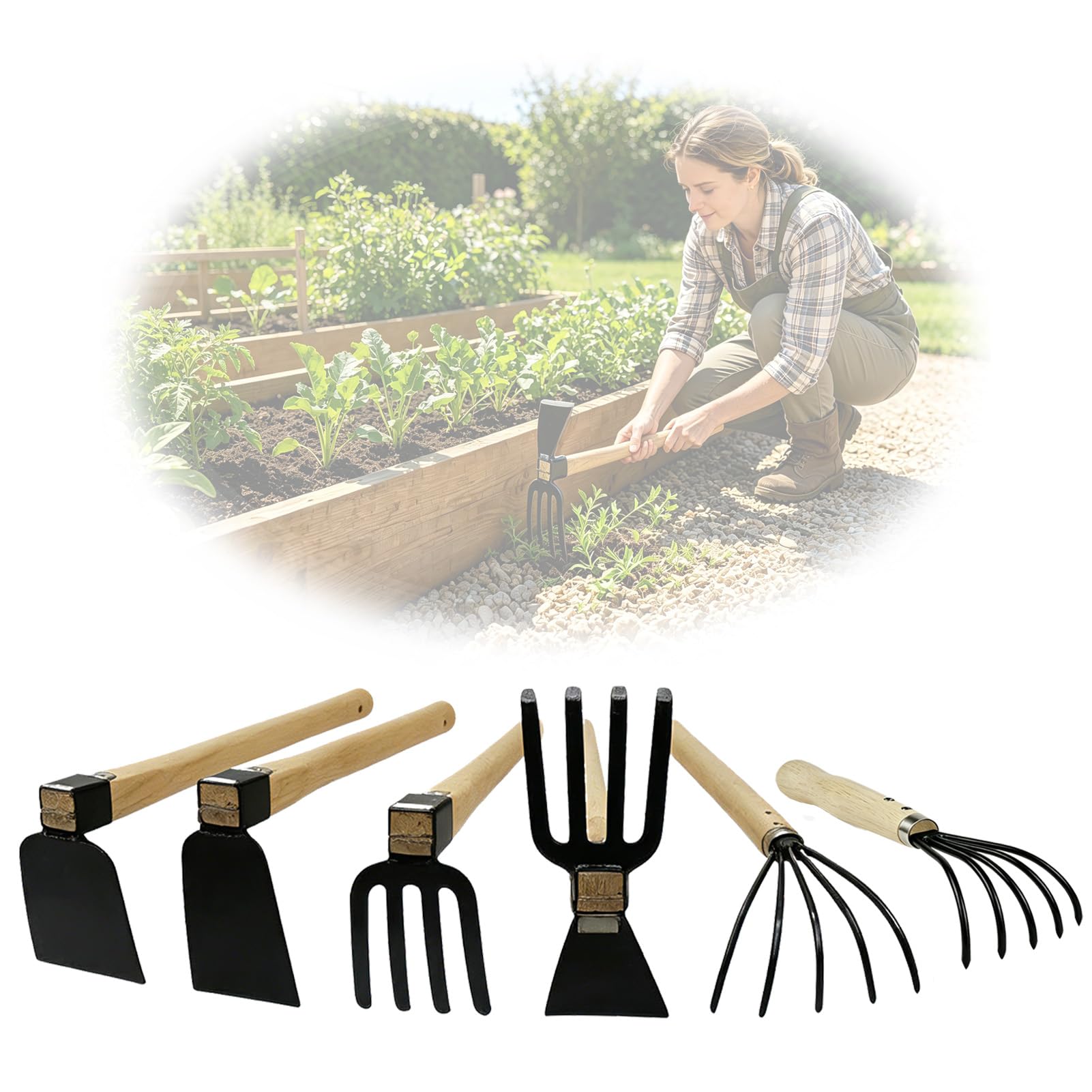Juego de 6 azadas de jardín de mano, herramienta de deshierbe sólida, azada afilada y rastrillo de jardín cultivador con mango de madera, regalo ideal de jardinería para hombres y mujeres
