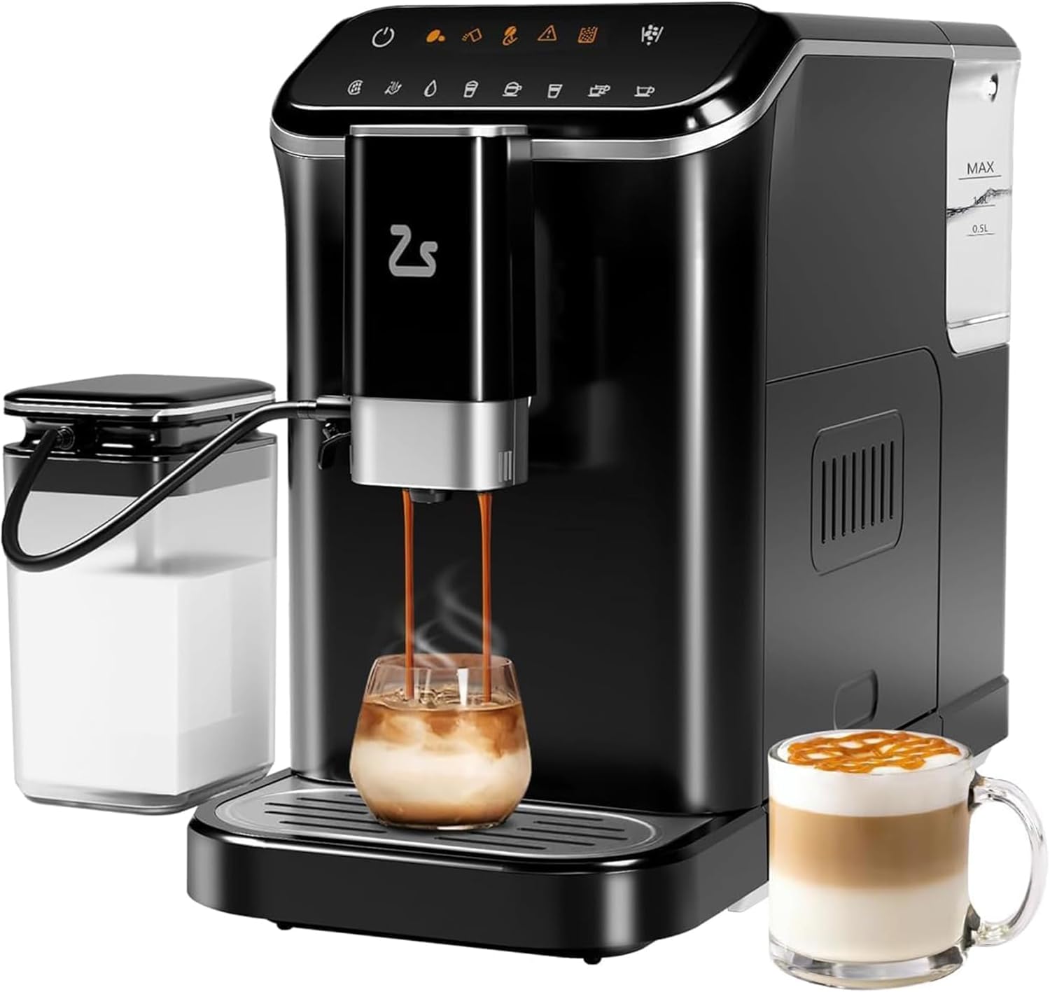 Super-Automatic Espresso Machines, 20 Bar Coffee Machine with Built-In Grinder and Milk Frother, Adjustable Espresso Bean Grinder, One-Touch Screen Coffee Machine with 1.5L Water Tank for Home Office